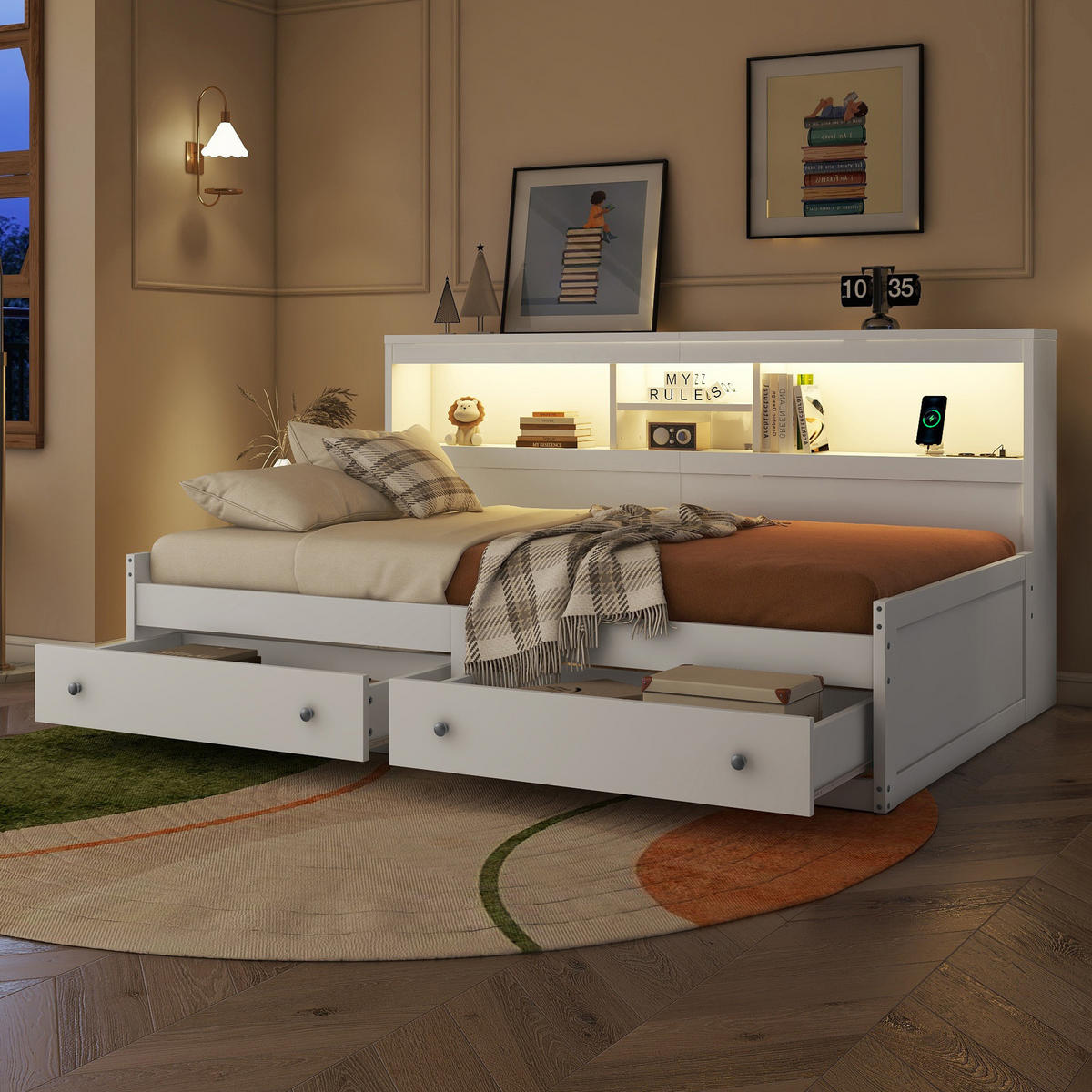 ČALOUNĚNÁ postel s LED osvětlením, 90/200 cm bílá, s úložnými zásuvkami a USB - bílá, kompozitní dřevo (90/200cm) - BEAOK