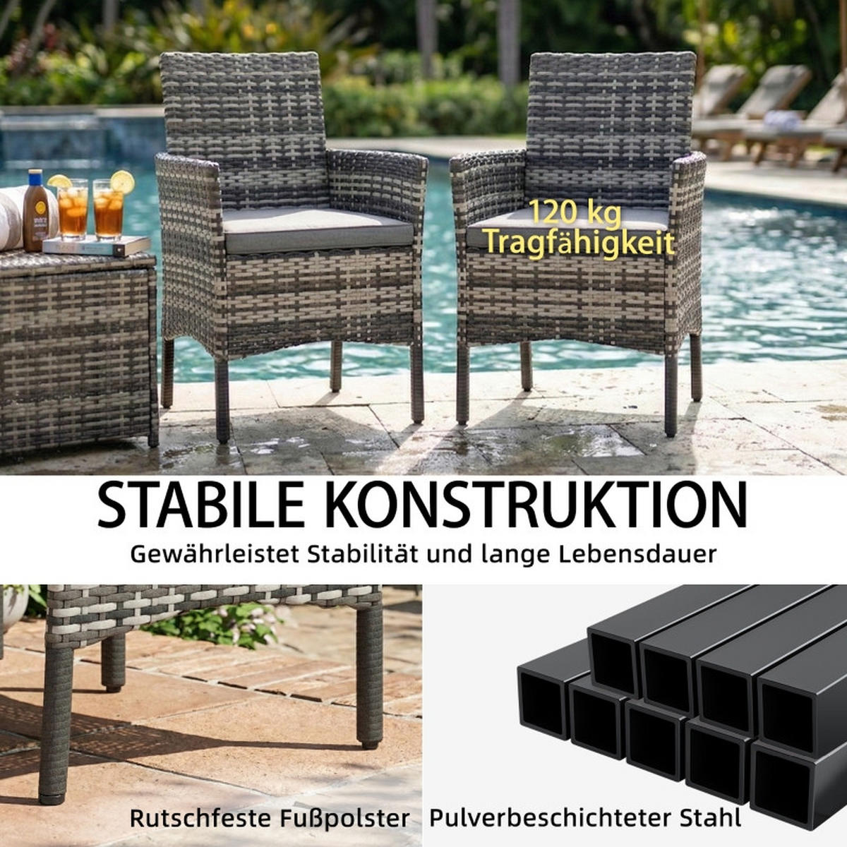 GARTENSTUHL 2er Set Polyrattan Kissen Stahlrahmen grau - Grau, Naturmaterialien (62/87/58cm) - LEBENLANG