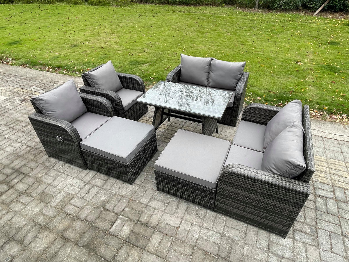 GARTENMÖBELSET mit ESSTISCH,SOFA Polyrattan 8-Sitzer - Dunkelgrau/Grau, Glas/Kunststoff - Fimous