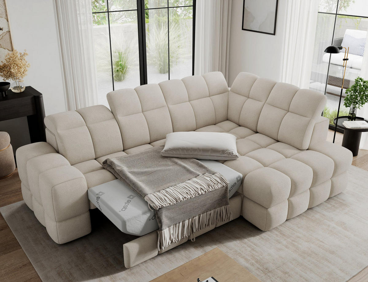 ECKSOFA Bronon mit Schlaffunktion und Bettkasten – Modernes Design, verstellbare Kopfstützen und verschiebbare Rückenlehnen - Beige, Kunststoff (296/109cm) - Wohnideebilder