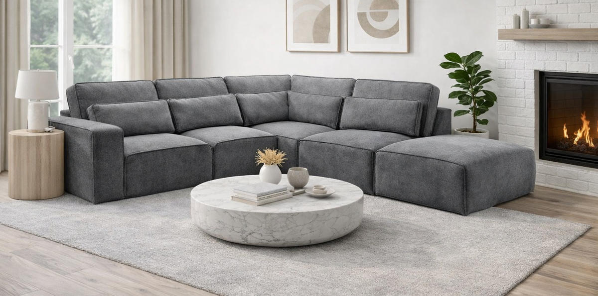 ECKSOFA grau Webstoff, Sofa 305 x 281 cm, L-Sofa rechts - Blau/Grau, Holz/Textil (305/281cm) - Inn.Furn