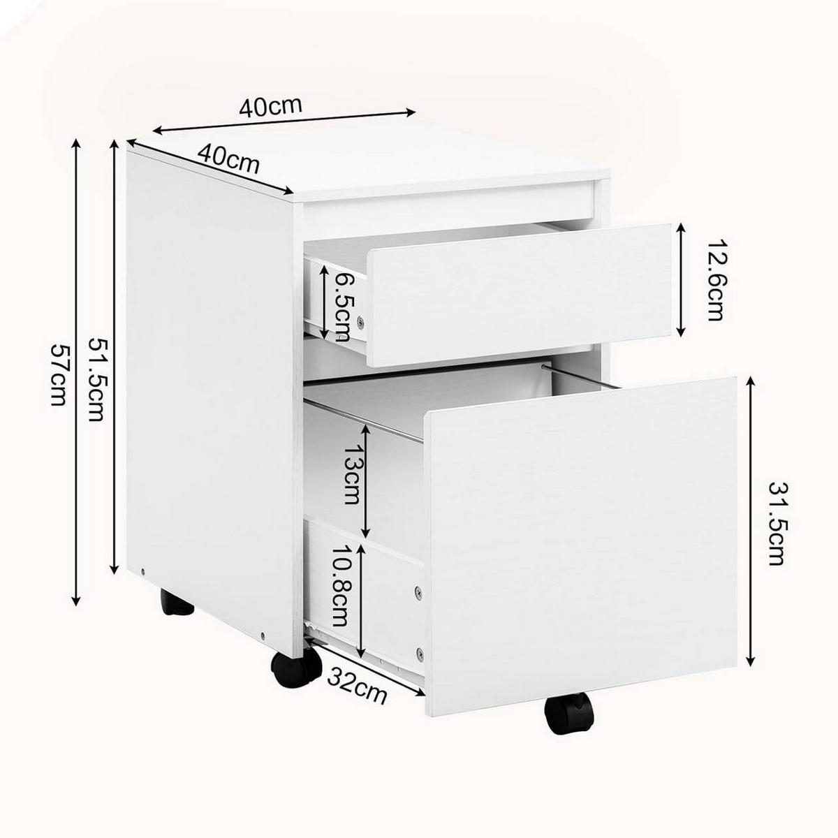 ROLLCONTAINER, Aktenschrank, 40x57x40cm, Weiß - Weiß, Holzwerkstoff (40/57/40cm) - Woltu