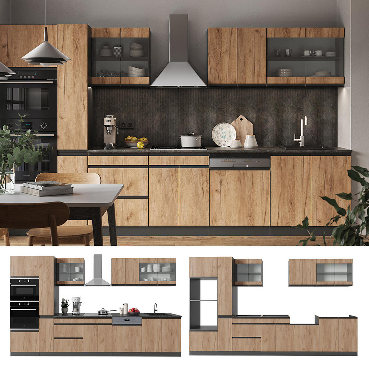 KÜCHENZEILE R-Line Goldkraft Eiche/Anthrazit 350 cm J-Shape ohne AP - Honigeiche/Anthrazit, Holzwerkstoff (350/81.6/46cm) - Vicco