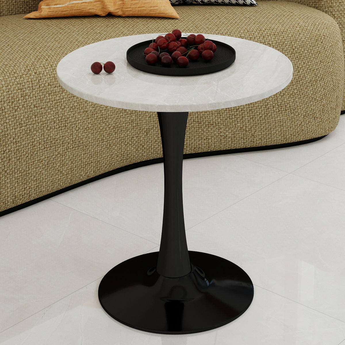 COUCHTISCH 70/70/72 cm mit runder Tischplatte in Marmoroptik und filigranem Gestell, Schwarz/Weiß - Schwarz, Stein (70/70/72cm) - Redom