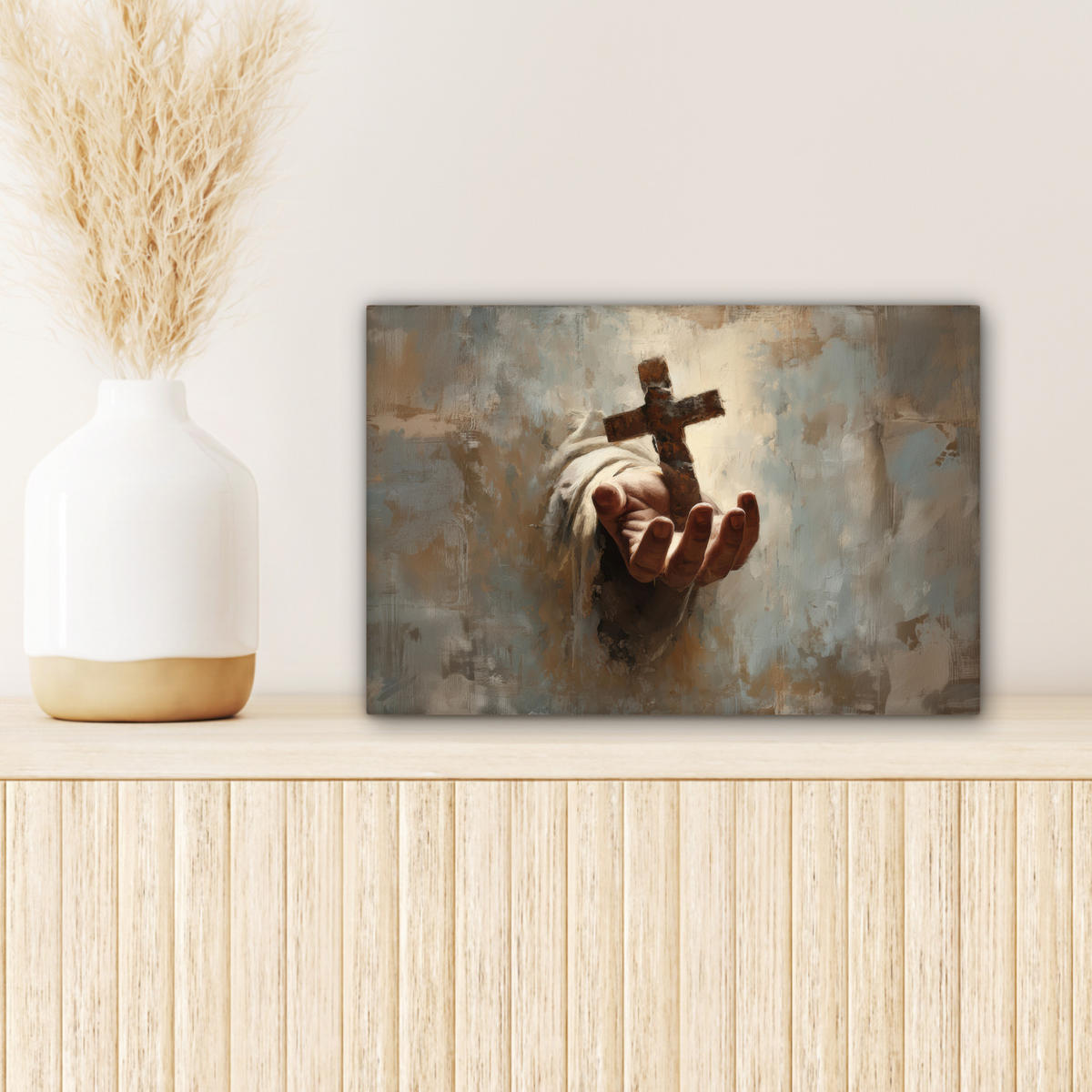 LEINWANDBILD Abstrakt - Kreuz - Hand - Christentum Deko Schlafzimmer 30x20 cm - Hellbraun, Textil (30/20cm) - MuchoWow
