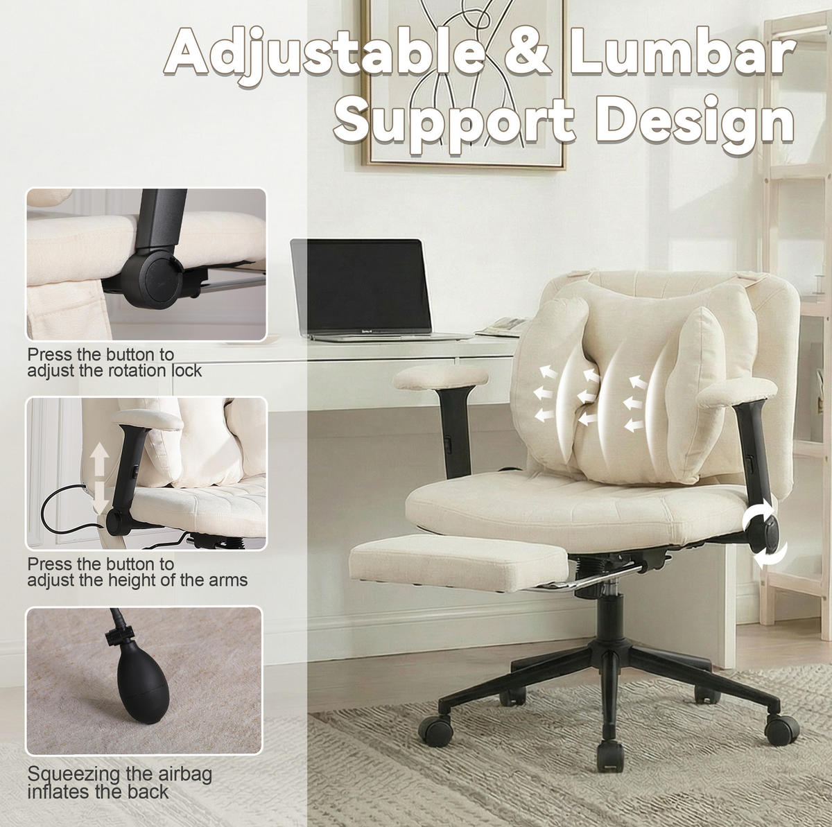 BÜROSTUHL in Beige 55x80x86 cm mit Drehfunktion und verstellbarem Lendenkissen - Beige, Textil (80/86/55cm) - IVMEU