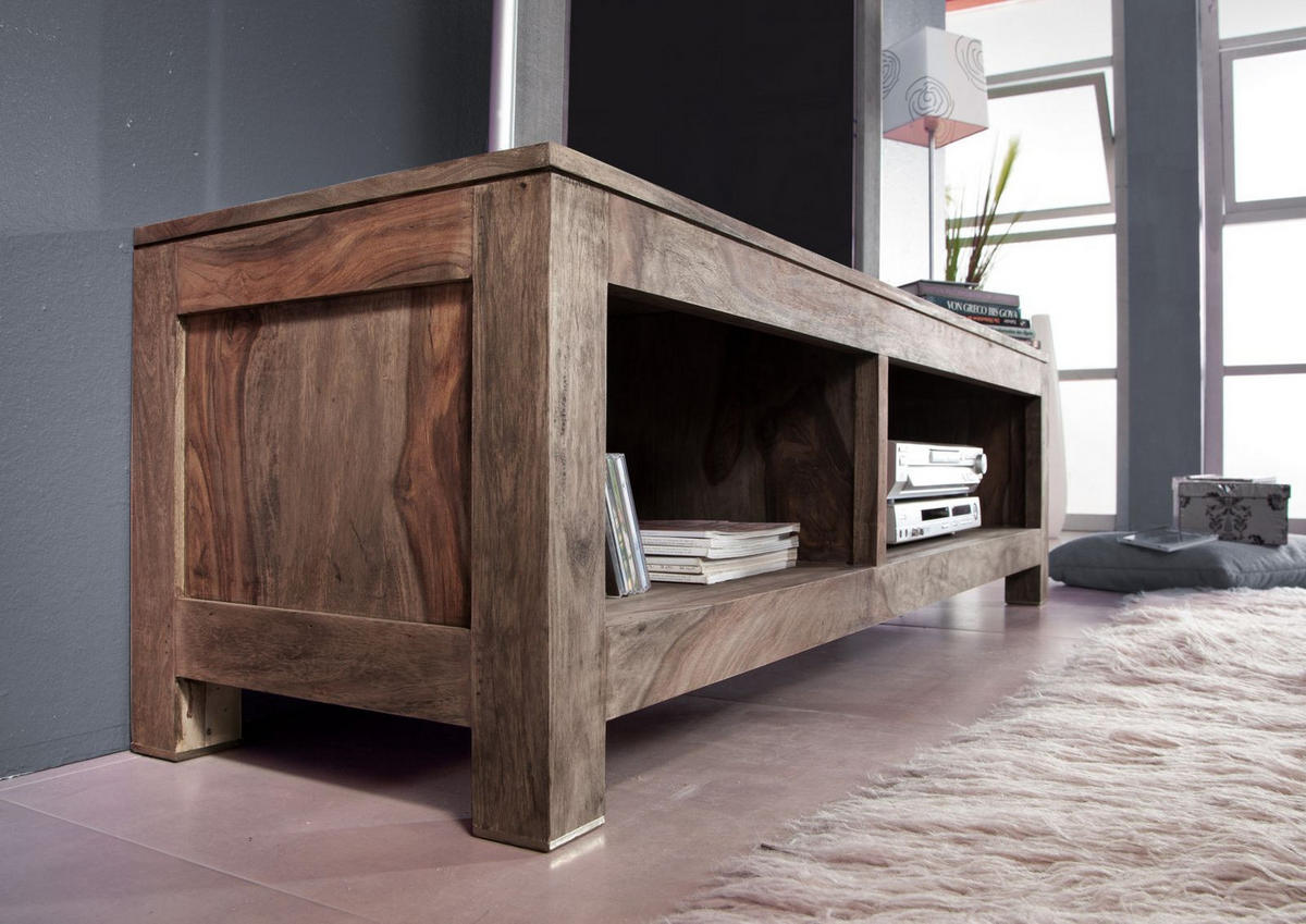 TV-BOARD Sheesham 148x45x45 grau geölt NATURE GREY #0123 - Grau, Holz (148/45/45cm) - Massivmoebel24