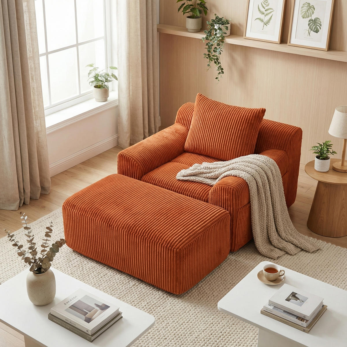 SESSEL mit Hocker in Cord Übergroßer Relaxsessel - Orange, Textil (147/67/110cm) - Urban Meuble