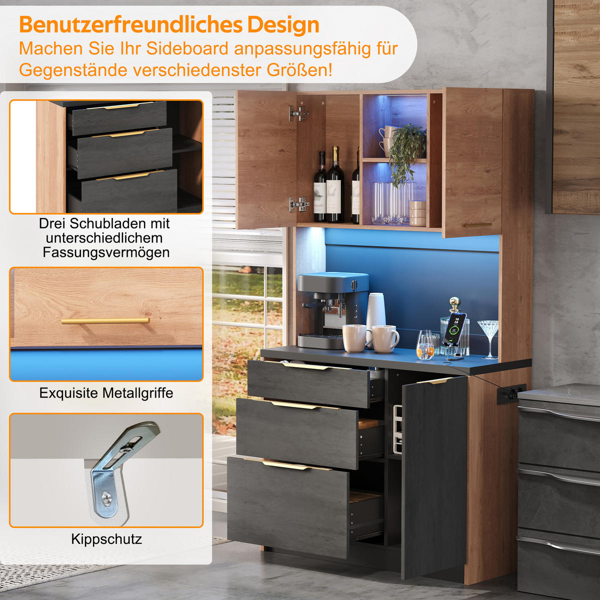 BUFFET 100/40/180 cm neutral aus MDF mit LED - Naturfarben, Holzwerkstoff (100/180/40cm) - OKWISH