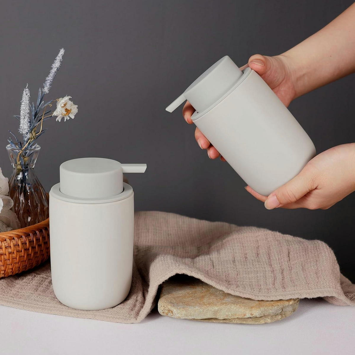 SEIFENSPENDER Set Keramik Grau 2 Stück 350ml - Grau, Keramik (7.5/14.5/7.5cm)