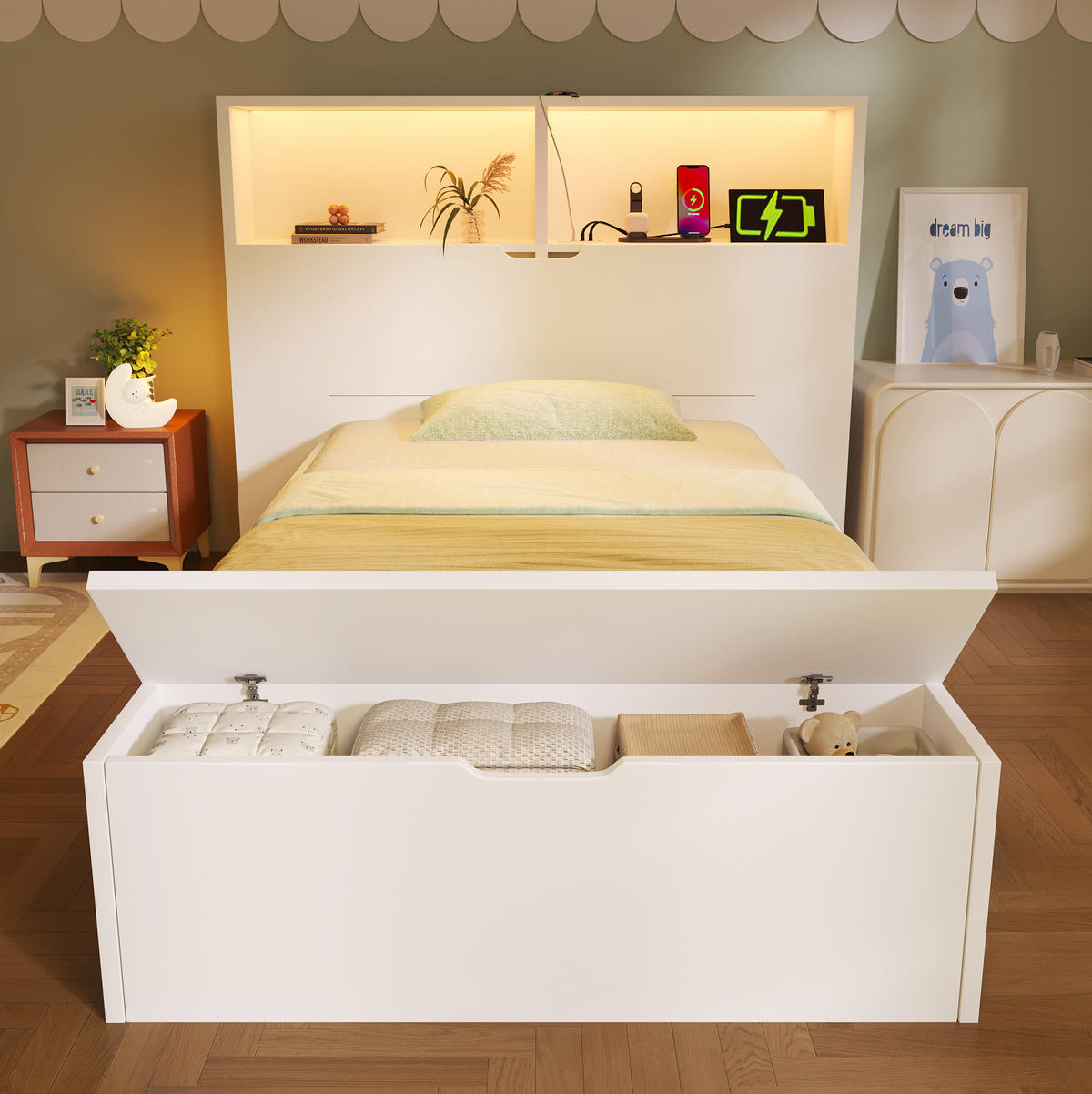 KINDERBETT 90/200 cm in Weiß mit LED, USB-Anschlüssen und Stauraum - Weiß, Holzwerkstoff (90/200cm) - BEAOK