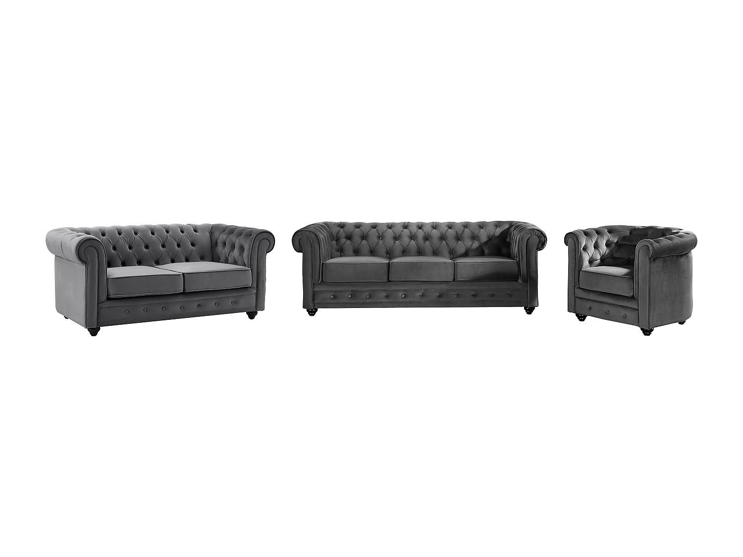 SOFA 3-Sitzer & 2-Sitzer & Sessel - Samt - Anthrazit - CHESTERFIELD - Anthrazit, Textil (88/72/205cm) - Vente-Unique