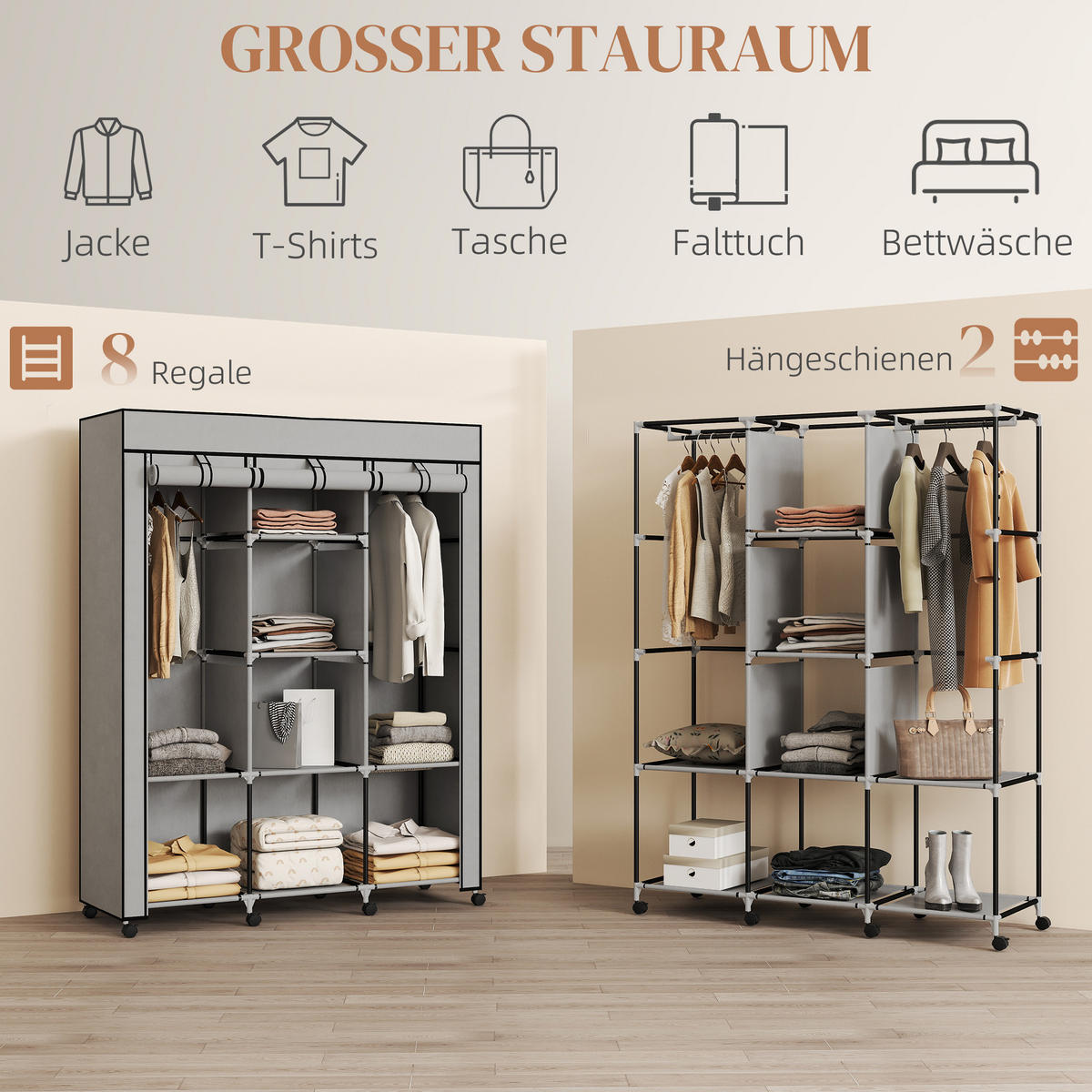 STOFFSCHRANK mit 8 Regalen und 2 Kleiderstangen, faltbarer Kleiderschrank als Aufbewahrungslösung in Grau - Hellgrau, Metall (125/162.5/43cm)