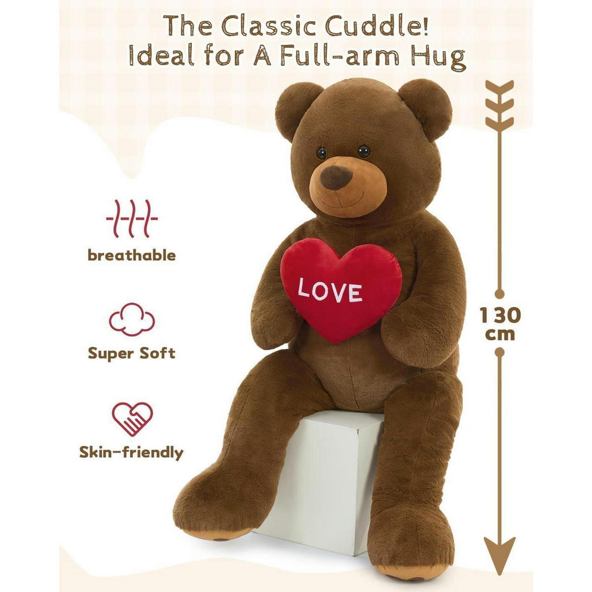 XXXL Kuscheltier Teddybär 130 cm Braun mit Herz - Braun, Textil (60/130cm)