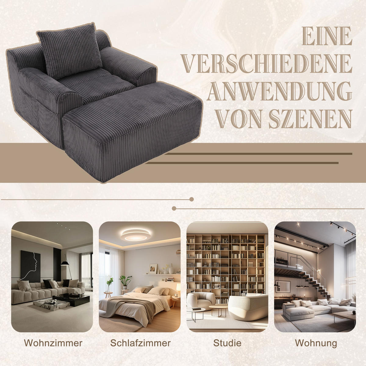 RELAXSESSELSET Übergroßer Loungesesselmit Fußhocker,Cord,Grau - Grau, Textil (110/87/147cm) - LVHOM