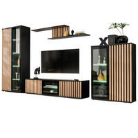 WOHNWAND schwarz, Eiche Jackson 353 cm, Schrankwand mit Push-top-Open und Beleuchtung - Eichefarben/Schwarz, Glas/Holzwerkstoff (340/192/45cm) - Furn.Design