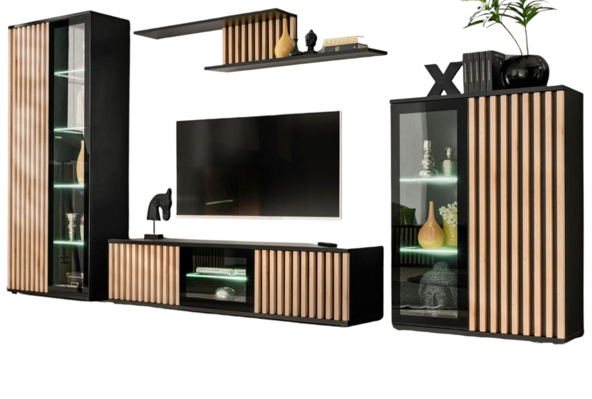 WOHNWAND schwarz, Eiche Jackson 353 cm, Schrankwand mit Push-top-Open und Beleuchtung - Eichefarben/Schwarz, Glas/Holzwerkstoff (340/192/45cm) - Furn.Design