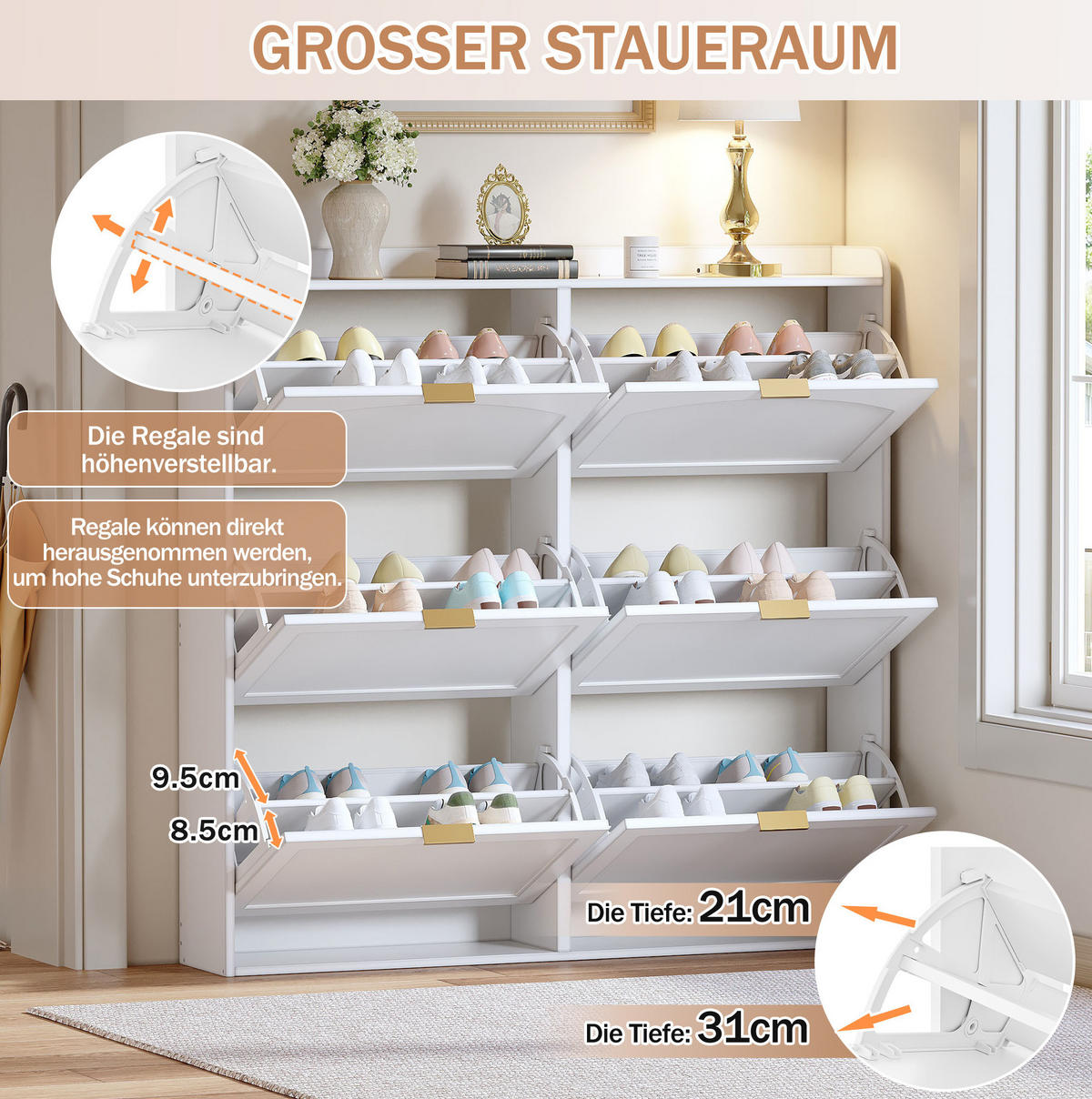 SCHUHSCHRANK 120/23/118 cm weiß aus MDF mit 6 Klappfächern - Weiß, Holzwerkstoff (120/118/23cm) - OKWISH