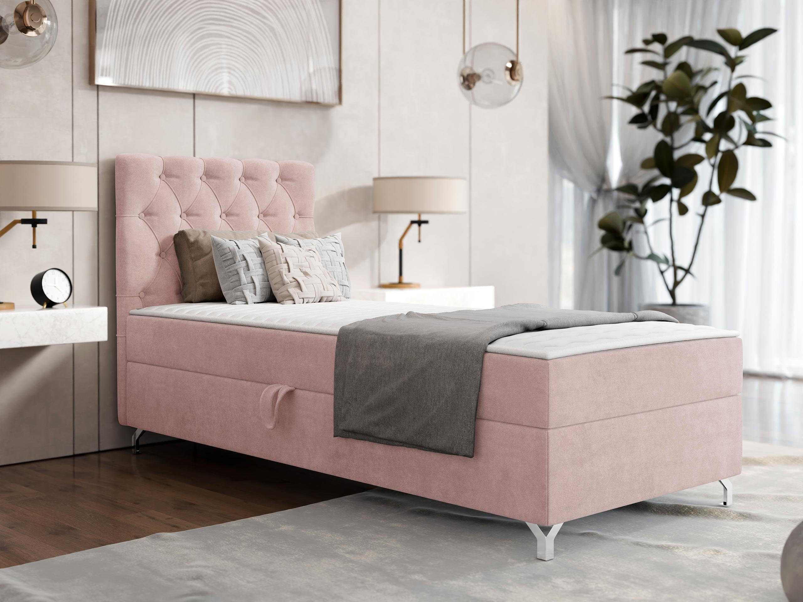 BOXBETT Chester 1, Seite: Links - Hellrosa/Silberfarben, Holz/Textil (80/200cm) - MIRJAN24