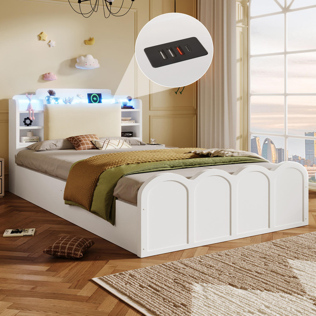 BETT 90/200 cm in Weiß mit Bettkasten, LED und USB/Type-C Massivholz Kinderdesign - Weiß, Holzwerkstoff/Textil (90/200cm) - STILVORA