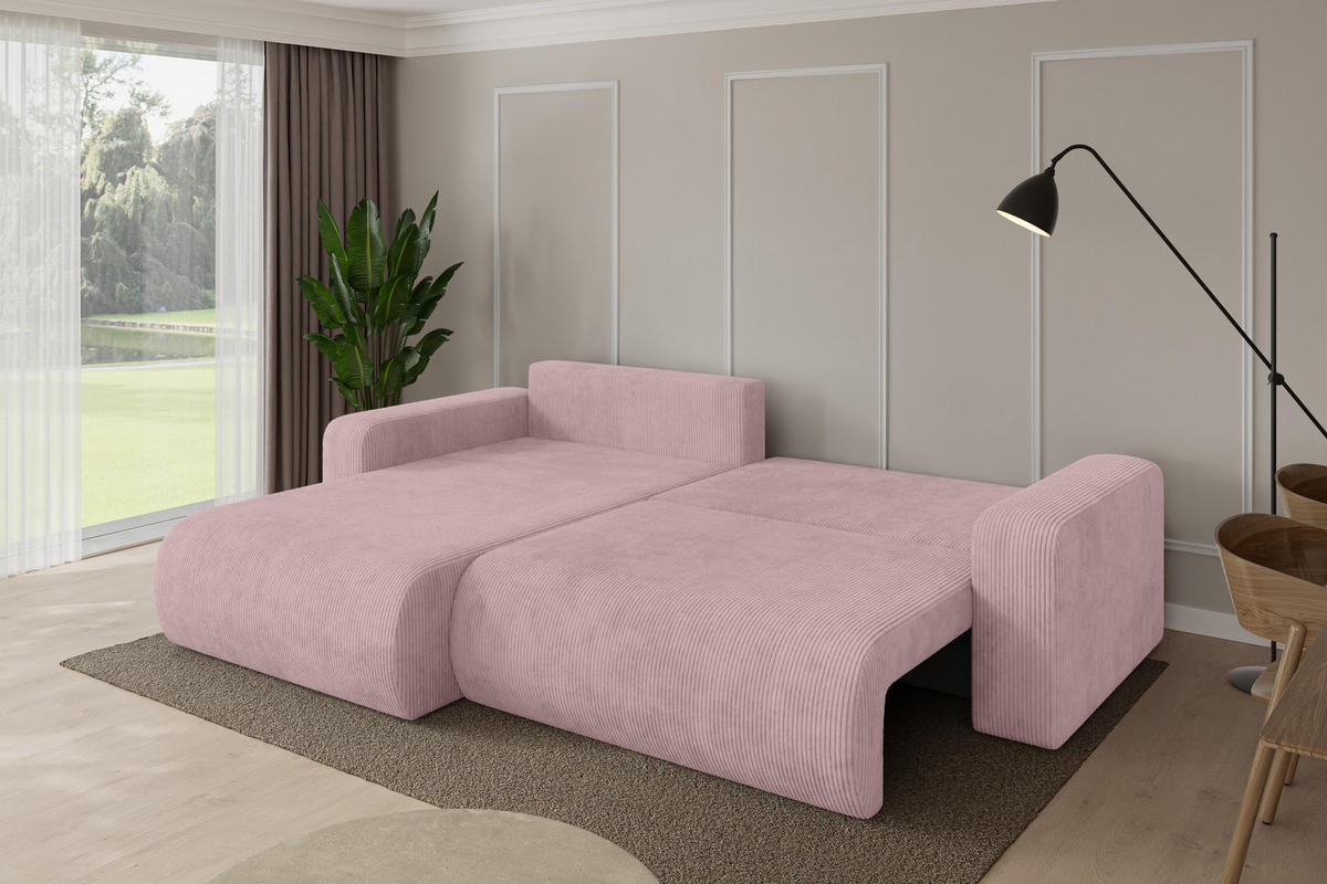 ROHOVÁ SEDAČKA s funkcí spaní, otoman vlevo BERY-L 276x193x88 růžová manšestr - růžová/černá, kompozitní dřevo/textil (276/193cm) - ALTDECOR