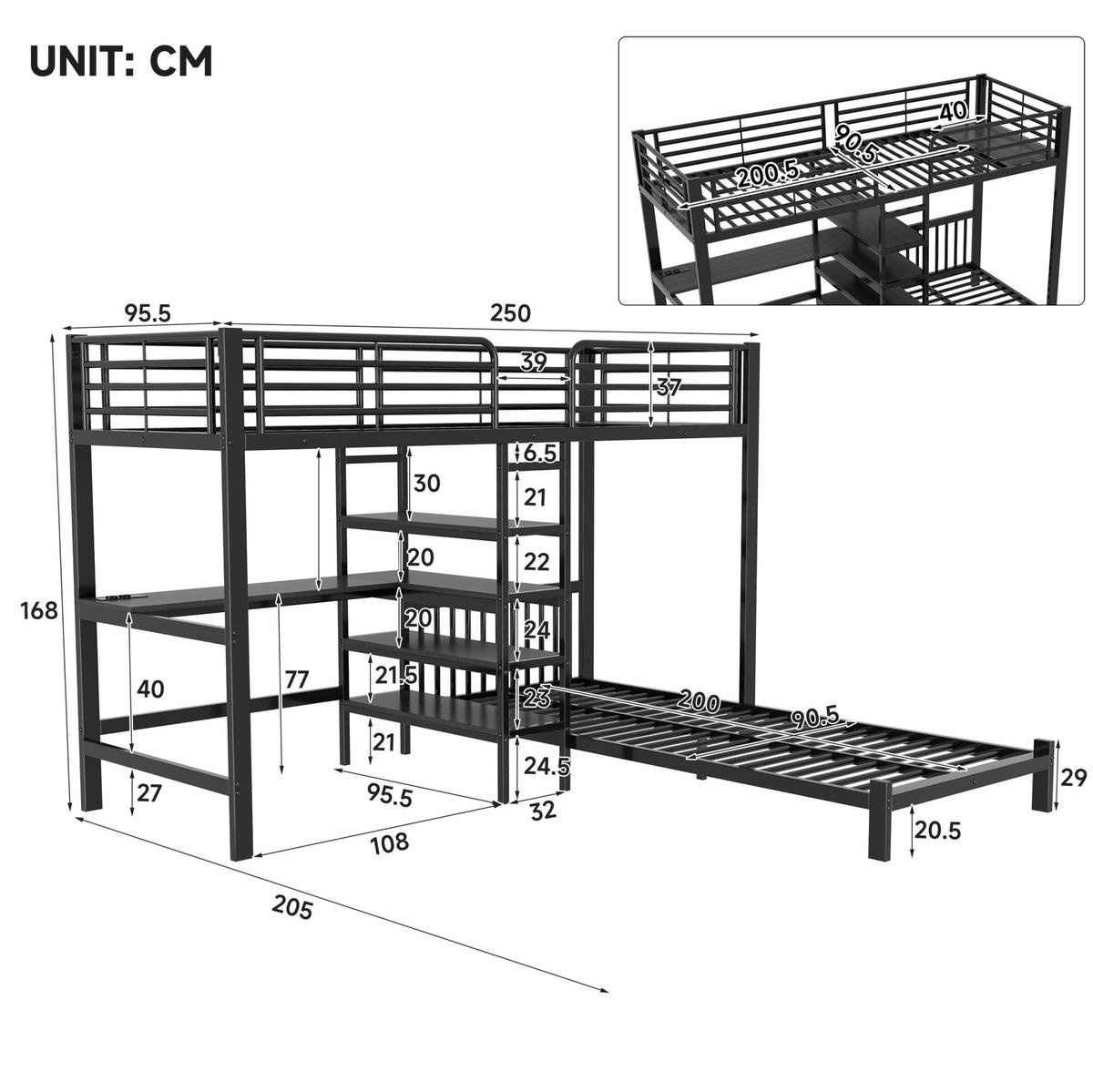 HOCHBETT aus Metall und MDF 90x200 cm Schwarz mit Schreibtisch, Stauraumtreppe und USB-/Type-C-Anschluss - Schwarz, Holzwerkstoff (90/200cm) - IVMEU