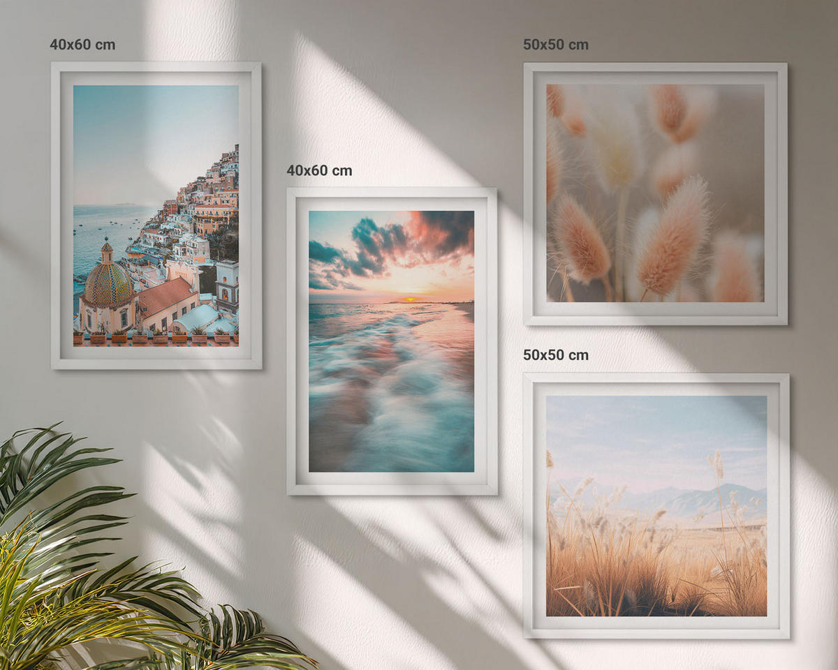 BILDER SET 4er Set - 50x50 cm & 40x60 cm Weißer Rahmen - Sonnenuntergang am Meer, Häuser, Blumen - Weiß, Kunststoff (50/50cm) - TULUP