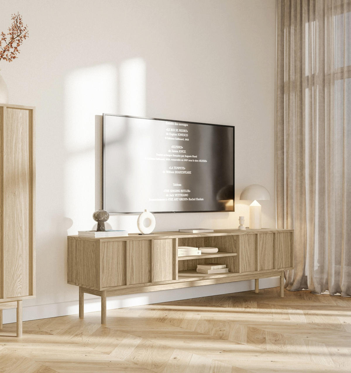 TV-LOWBOARD Neksto mit Holzlamellen und Eichenfüßen 175/50/40 cm - Beige, Holz/Holzwerkstoff (170/50/40cm) - Selsey