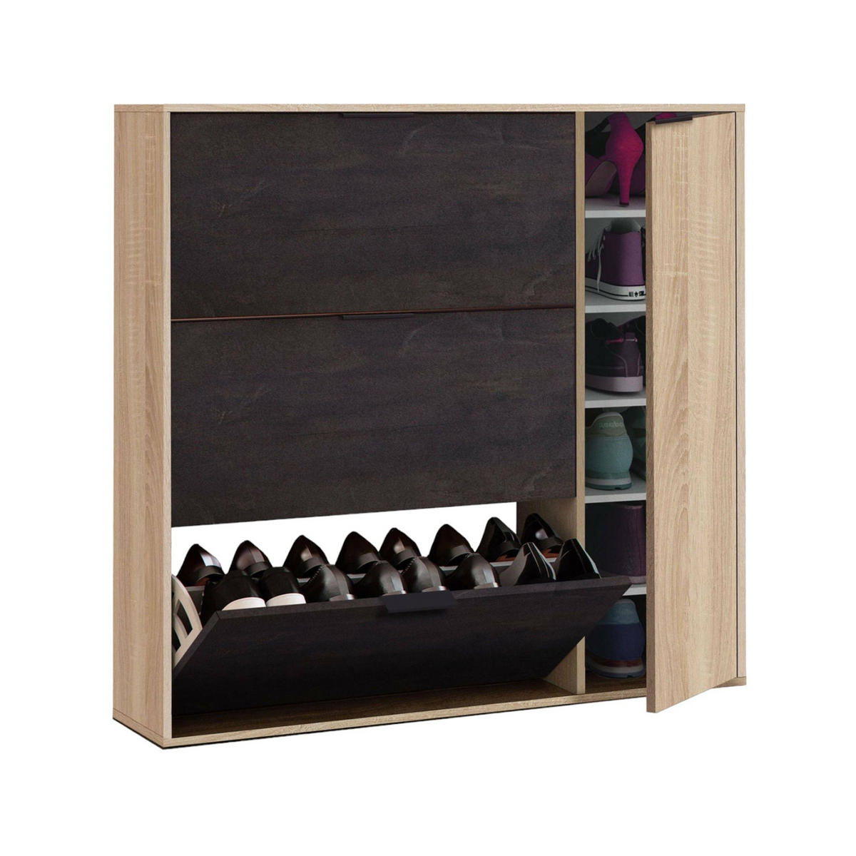 SCHUHSCHRANK Eiche, Schwarz 22/106/115 cm - Wildeiche/Schwarz, Holzwerkstoff (106/115/22cm) - DMORA