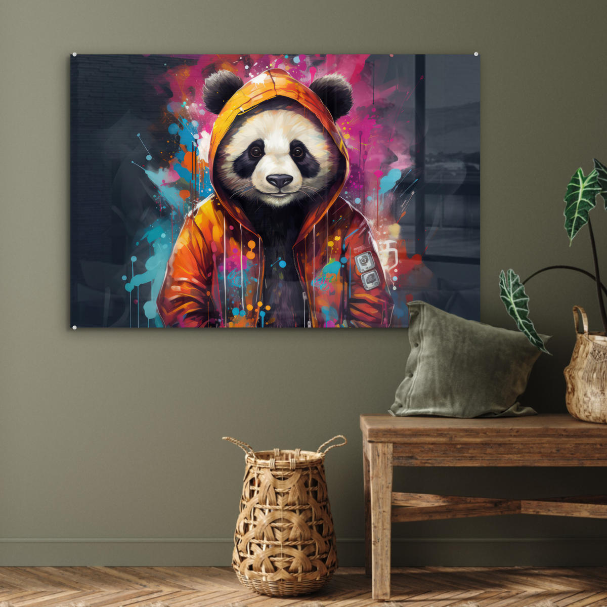 ACRYLGLASBILD Panda - Jacke - Graffiti - Orange 90x60 cm - Orange, Glas (90/60cm) - MuchoWow