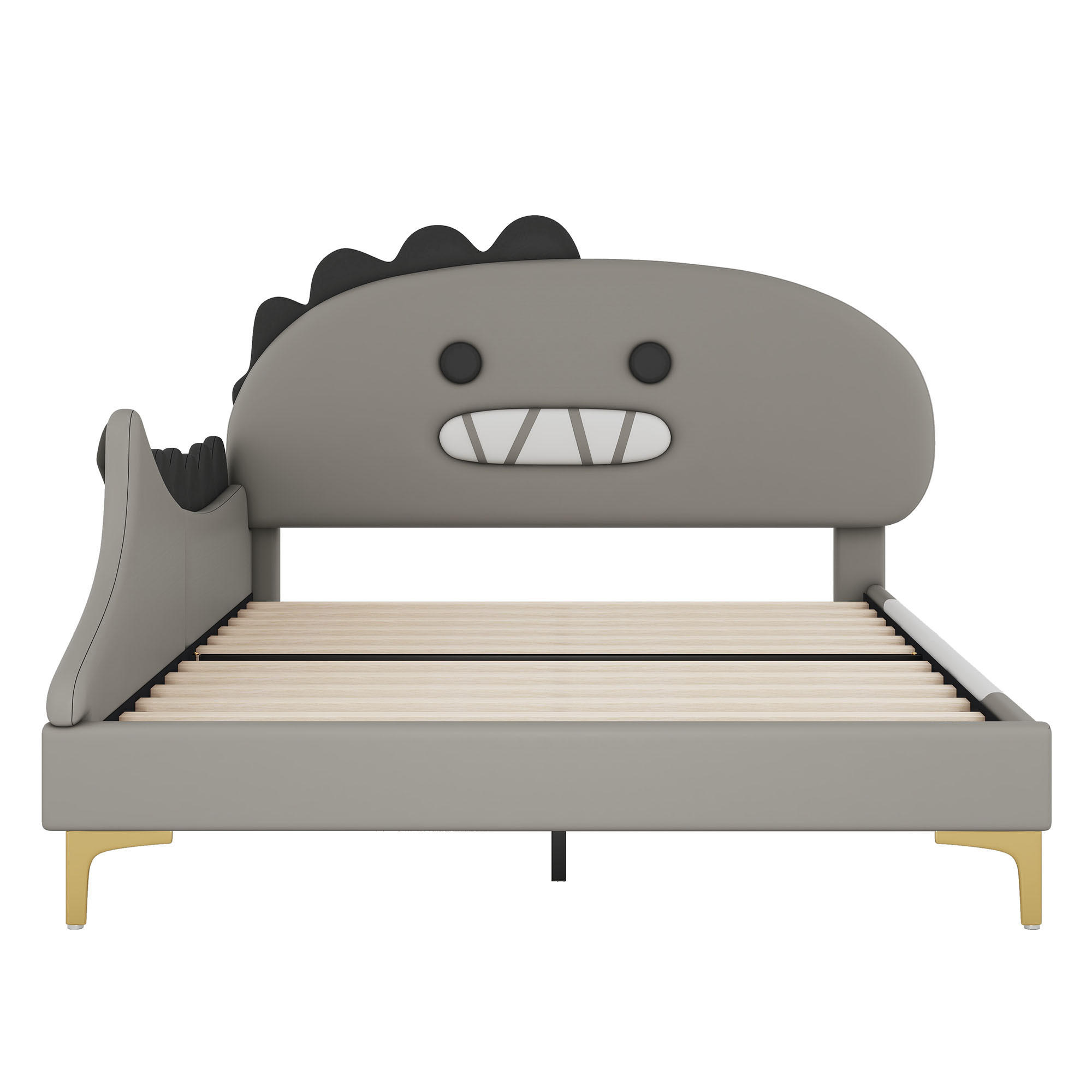 KINDERBETT 140/200 cm Grau, mit Dinosaurier-Design und PU-Material - Grau, Kunststoff