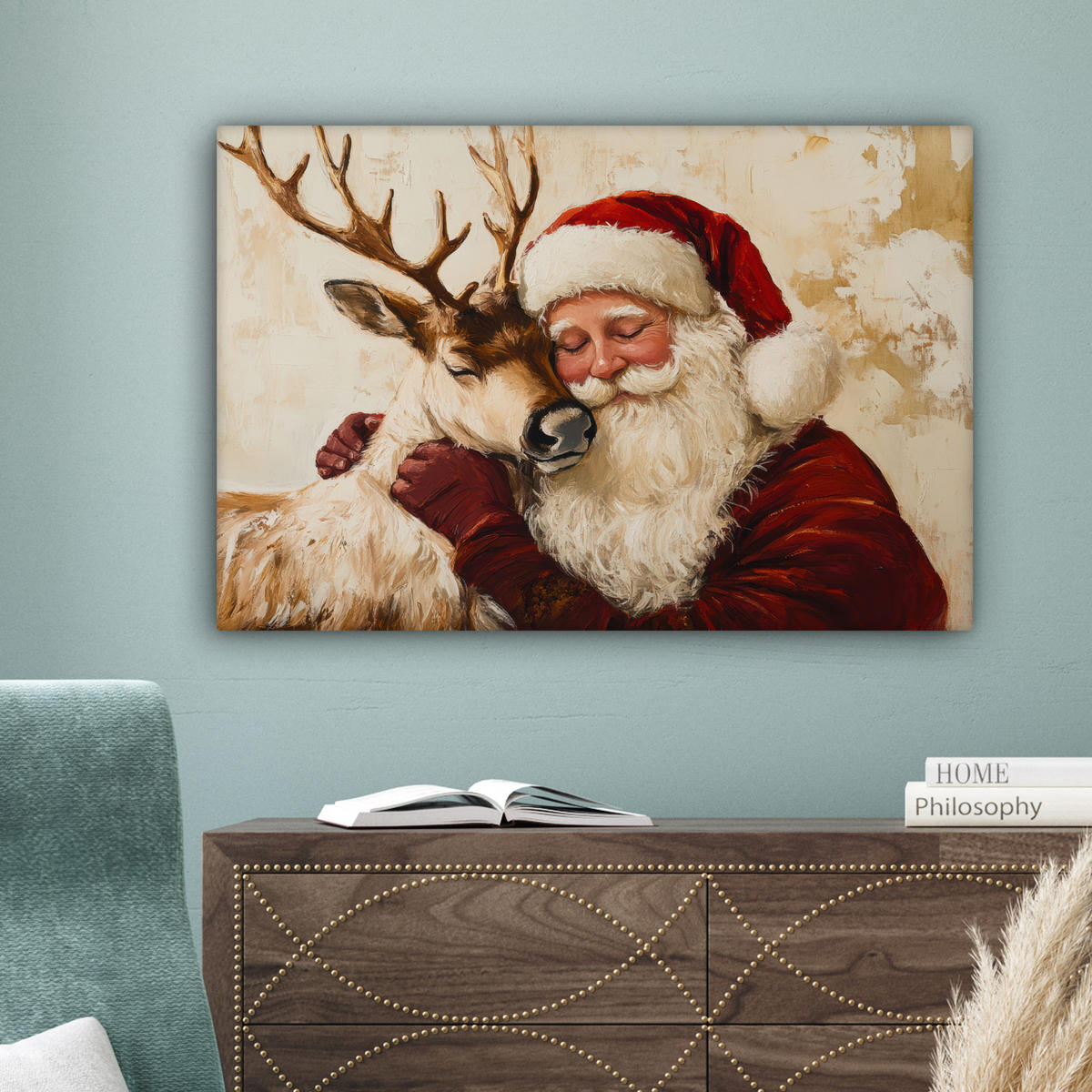 LEINWANDBILD Weihnachtsmann - Rentier - Weihnachten Wanddeko 90x60 cm - Rotbraun, Textil (90/60cm) - MuchoWow