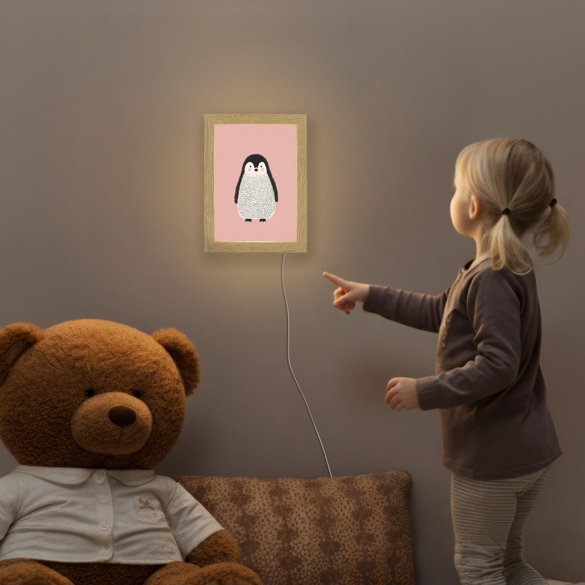 NACHTTISCHLAMPE Pinguin - Punkte - Minimalistisch - Rosa 15x20 cm - Rosa, Holzwerkstoff (8/15/20cm)