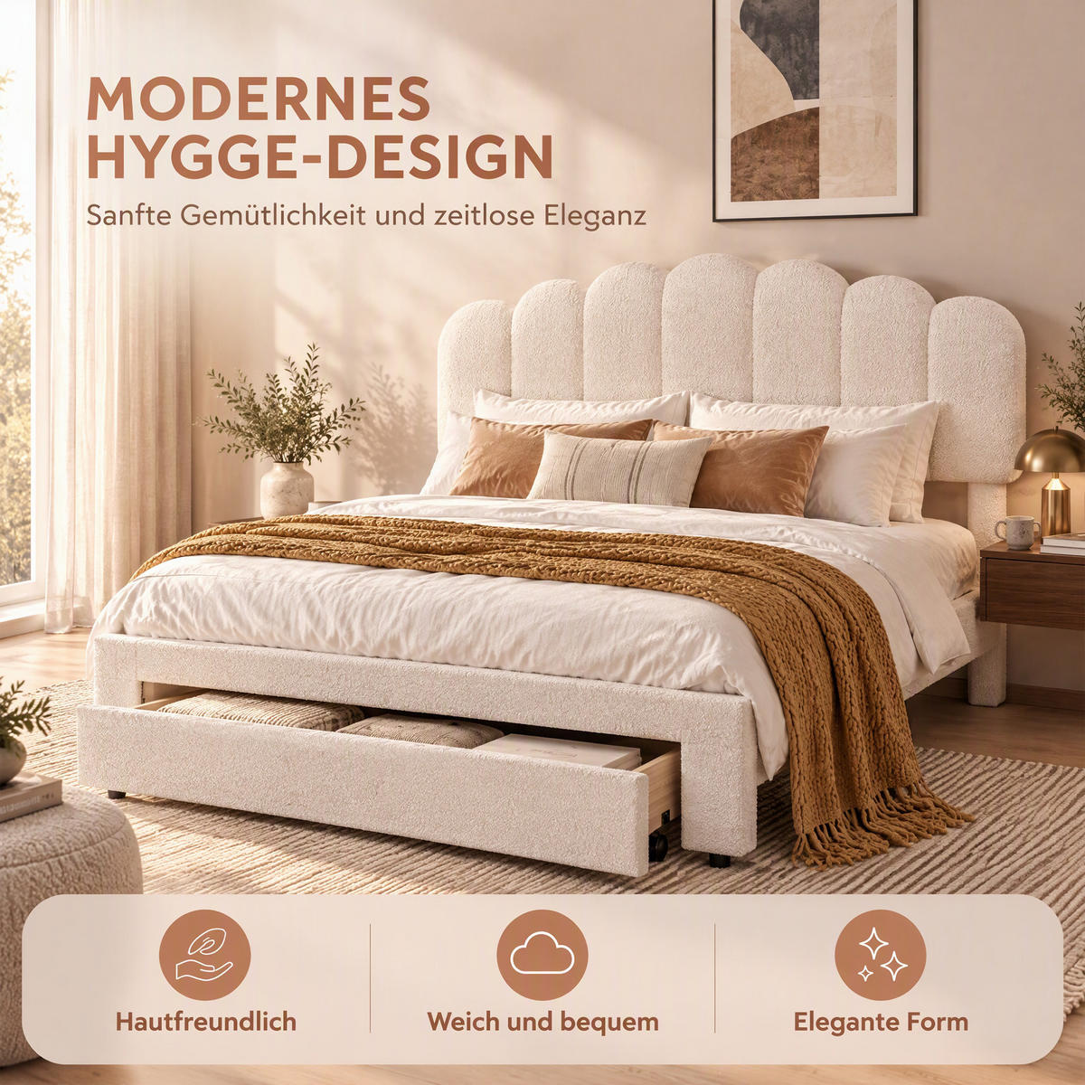 POLSTERBETT 140x200 cm mit Stauraum, Doppelbett mit Schubladen, USB und Typ-C, Lattenrost, verstellbares Kopfteil, Teddy-Fleece Beige - Beige, Holz/Metall (140/200cm) - GENKI LIVING