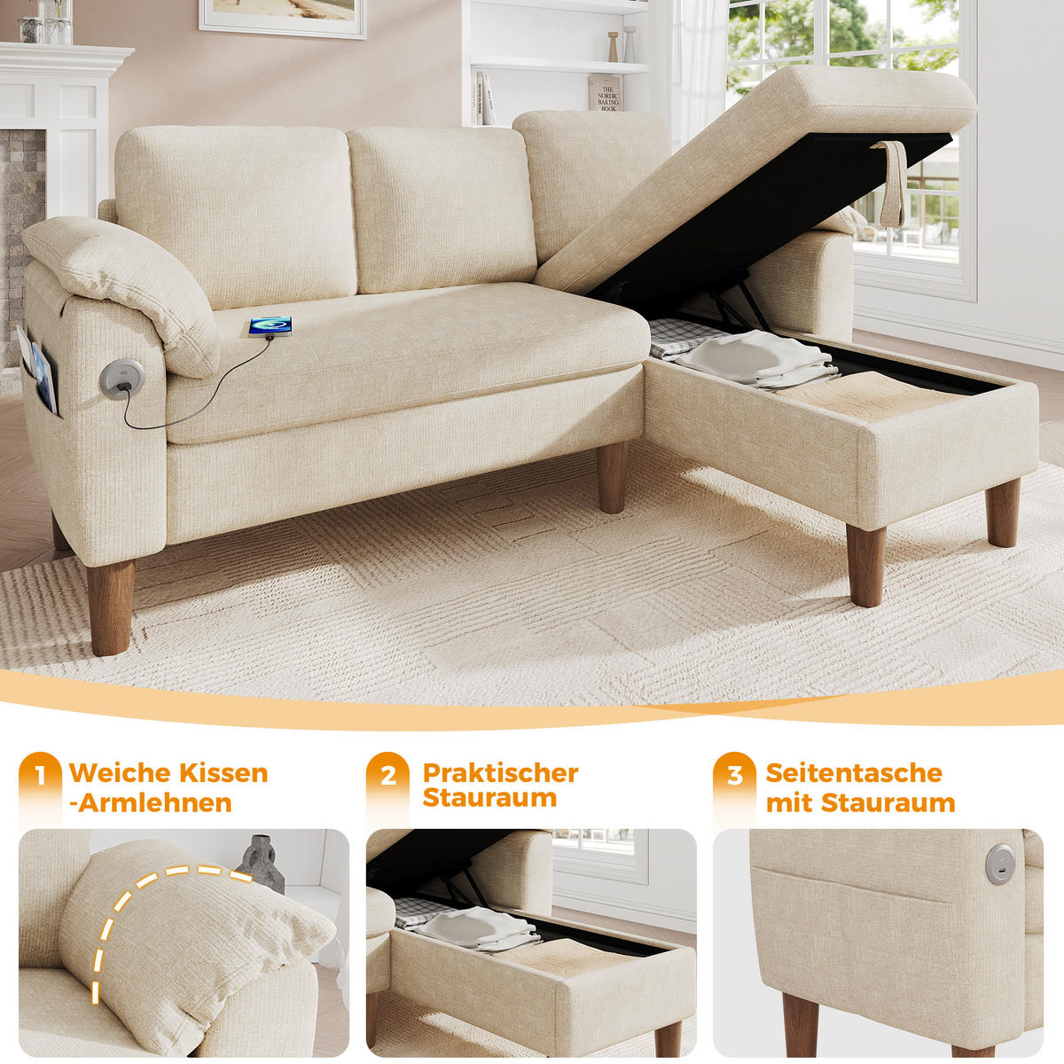 ECKSOFA 181/125/88 cm Beige mit Stauraum-Chaiselongue und USB/Type-C-Ladeanschluss - Beige, Textil (181/125cm) - Oxeza