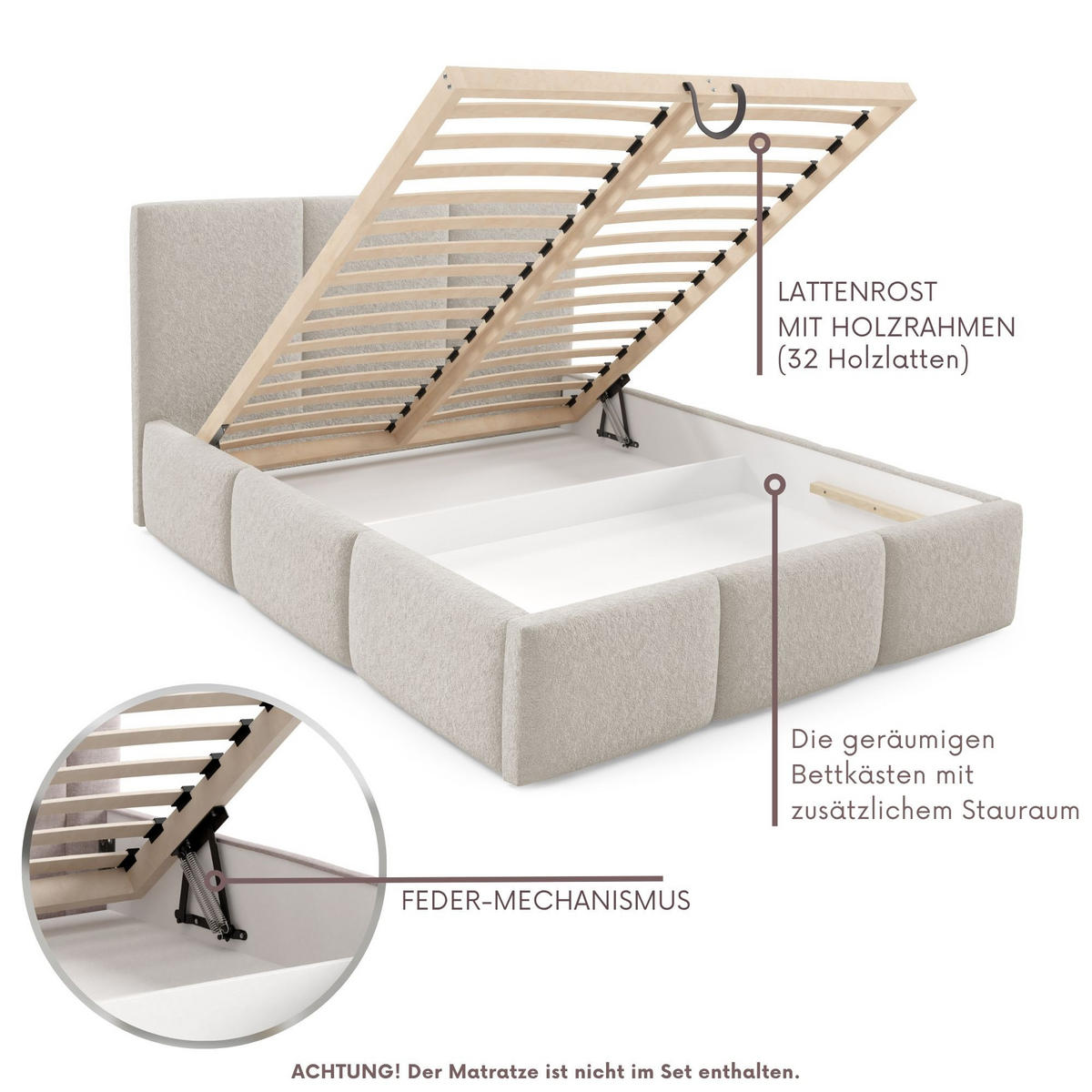 POLSTERBETT VALERIO mit Bettkasten, Bett 140x200,Doppelbett,Lattenrost,Boxspringbett-Optik,ohne Matratze,Schlafzimmer-Beige - Beige, Holz (140/200cm) - Furnistar