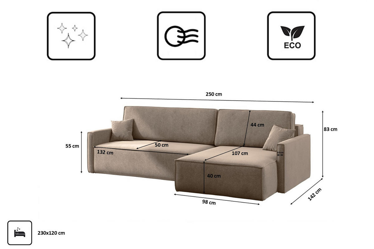 SCHLAFSOFA Carlos L-Form, Ecksofa Mit Bettkasten Und Schlaffunktion Stoff Salvador Rechts Dunkelbeige - Sandfarben, Holz/Textil (250/83/142cm) - Kaiser Möbel