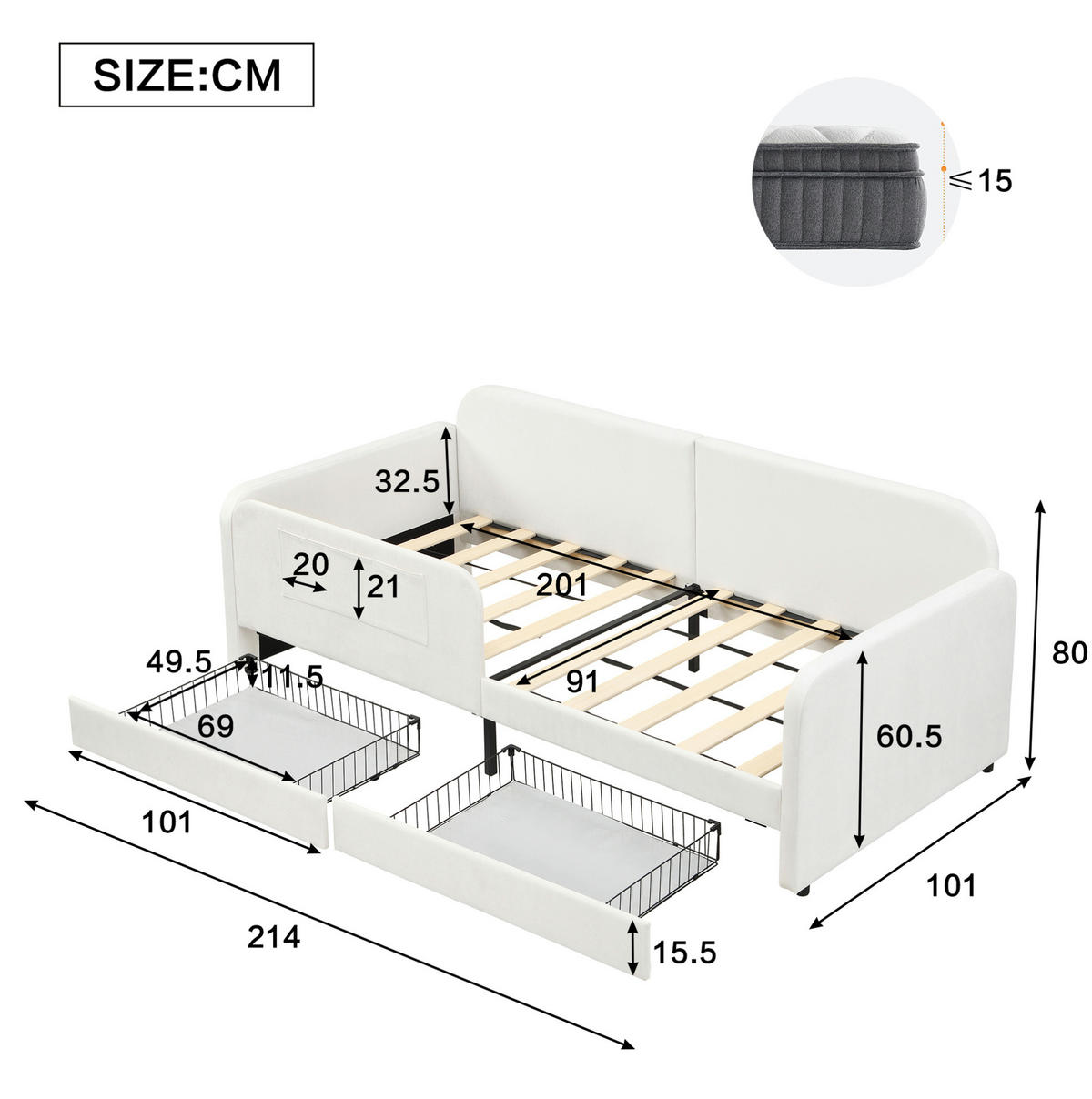 ČALOUNĚNÁ postel 90/200 cm samet bílá, se 2 zásuvkami a bočními kapsami - bílá, textil (90/200cm) - BEAOK