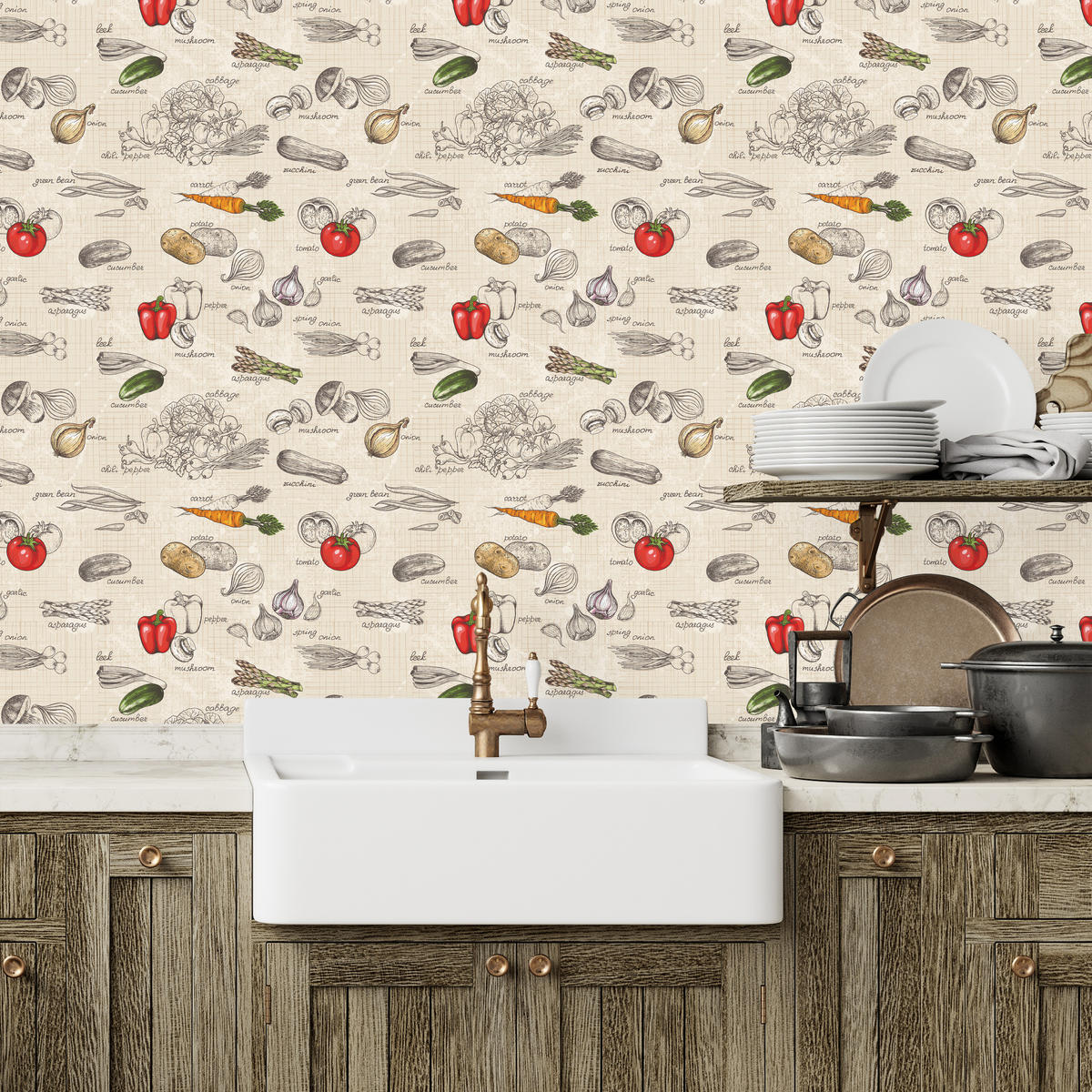 VLIESTAPETE Gemüse und Schriftzüge im Retro-Stil – Bunt, Beige – 50x1000 cm - Beige/Multicolor, Papier (50/1000cm) - Muralo
