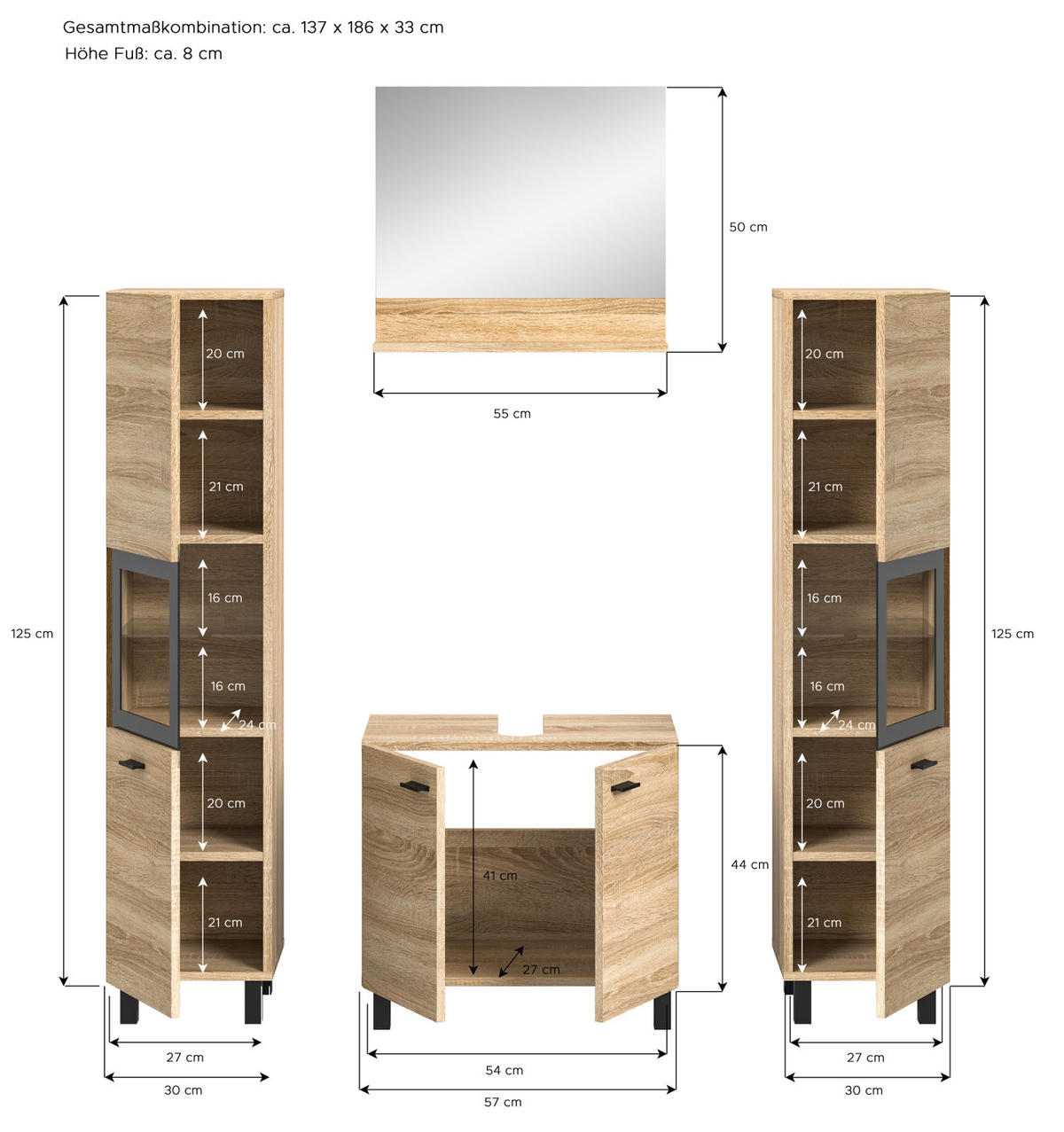 BADMÖBEL-SET Eiche 4-teilig 140 cm, Komplettset hängend oder stehend - Eichefarben/Schwarz, Glas/Holzwerkstoff (137/186/33cm) - Inn.Furn