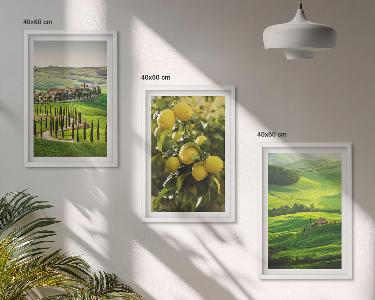 BILDER SET 3er Set - 40x60 cm Weißer Rahmen - Italienische Zitrusfrüchte und Hügel - Weiß, Kunststoff (40/60cm) - TULUP