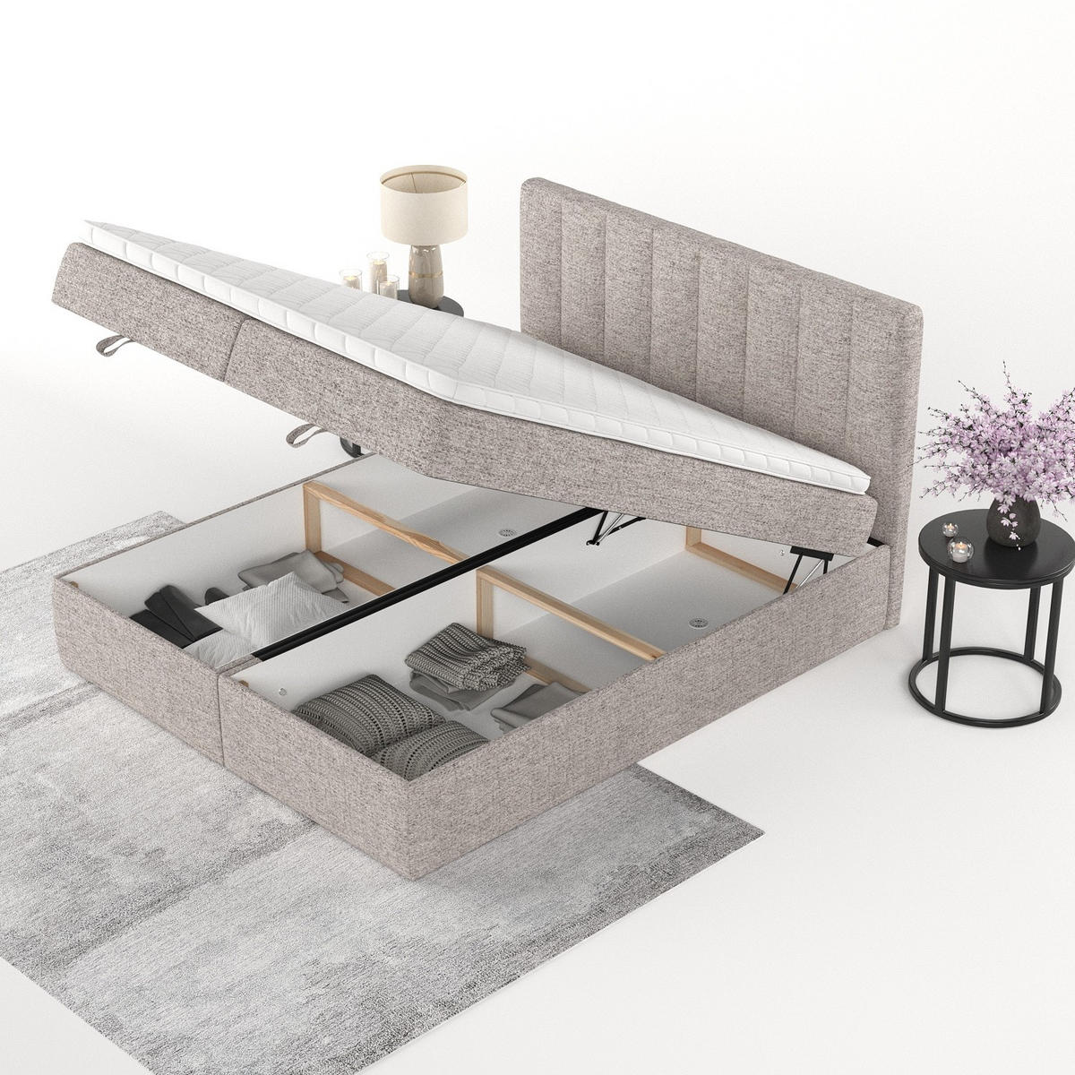 BOXBETT Lusso 180/200 cm Beige im Neve Stoff - Beige/Schwarz, Holz/Holzwerkstoff (180/200cm) - AltaBeds