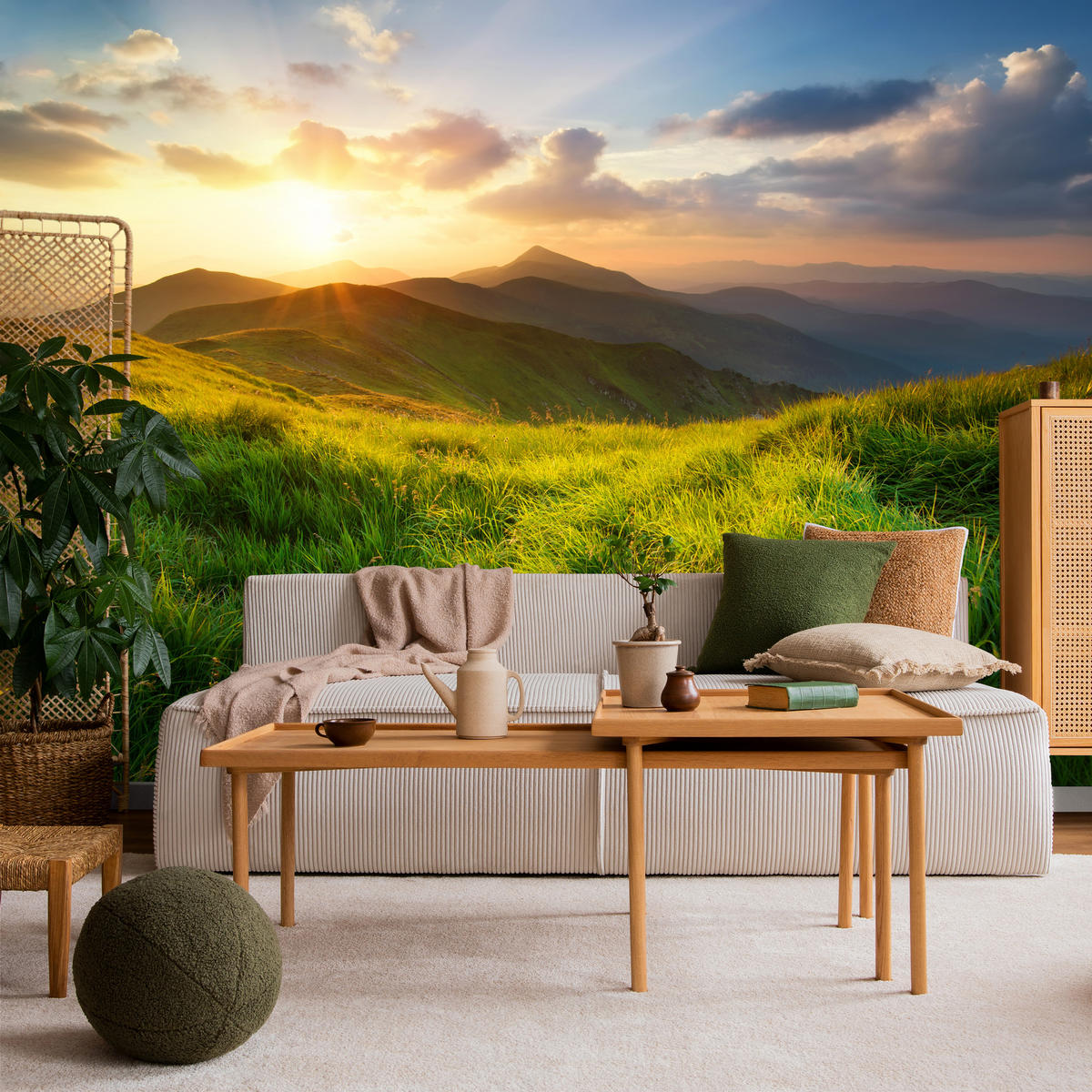 FOTOTAPETE für Wohnzimmer Sonnenuntergang Berge Wiese Gras 400x280 - Gelb/Beige, Papier (400/280cm) - Muralo