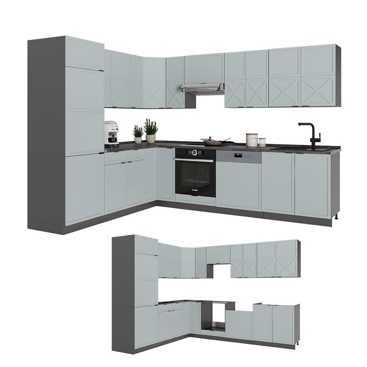 ECKKÜCHE Fame-Line Hellblau-grau/Anthrazit 227 x 287 cm, AP Marmor - Anthrazit/Hellblau, Holzwerkstoff (287/81.6/60cm) - Vicco