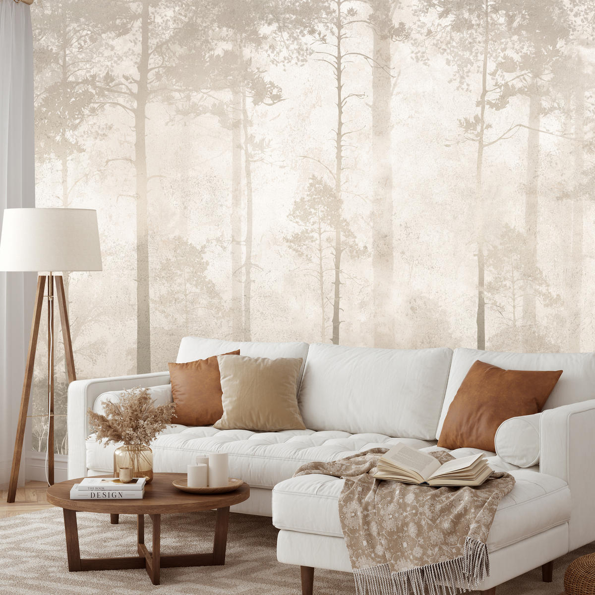 FOTOTAPETE für Wohnzimmer Nebliger Wald Vintage Bäume 350x256 - Beige/Braun, Papier (350/256cm) - Muralo