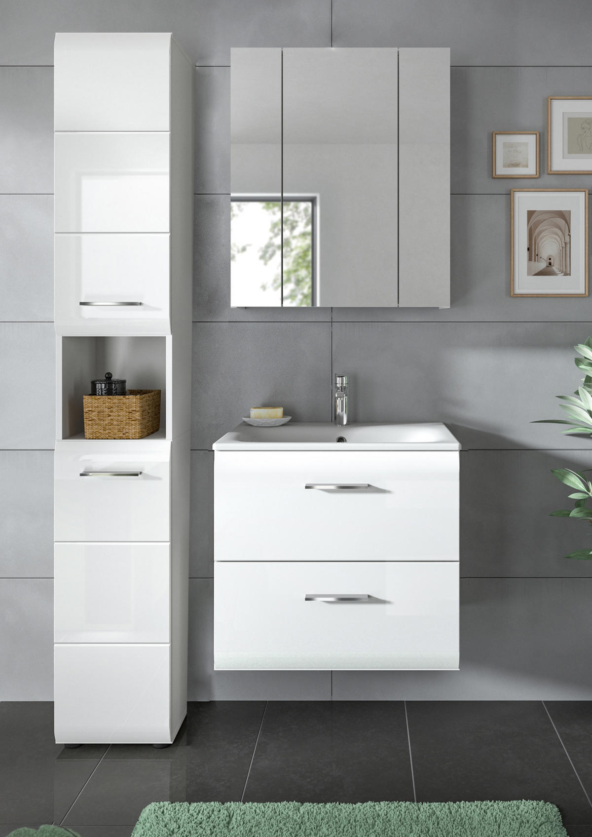 HOCHSCHRANK weiß Hochglanz, Badschrank 30 cm mit viel Stauraum - Weiß Hochglanz/Silberfarben, Holzwerkstoff/Kunststoff (30/185/30cm) - Inn.Furn