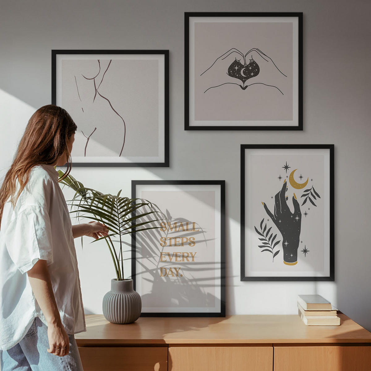 WANDBILDER 4er-Set - 50x50 cm & 40x60 cm Schwarzer Rahmen - Minimalistische Boho-Illustrationen - Schwarz, Kunststoff (50/50cm) - ArtPrintCave