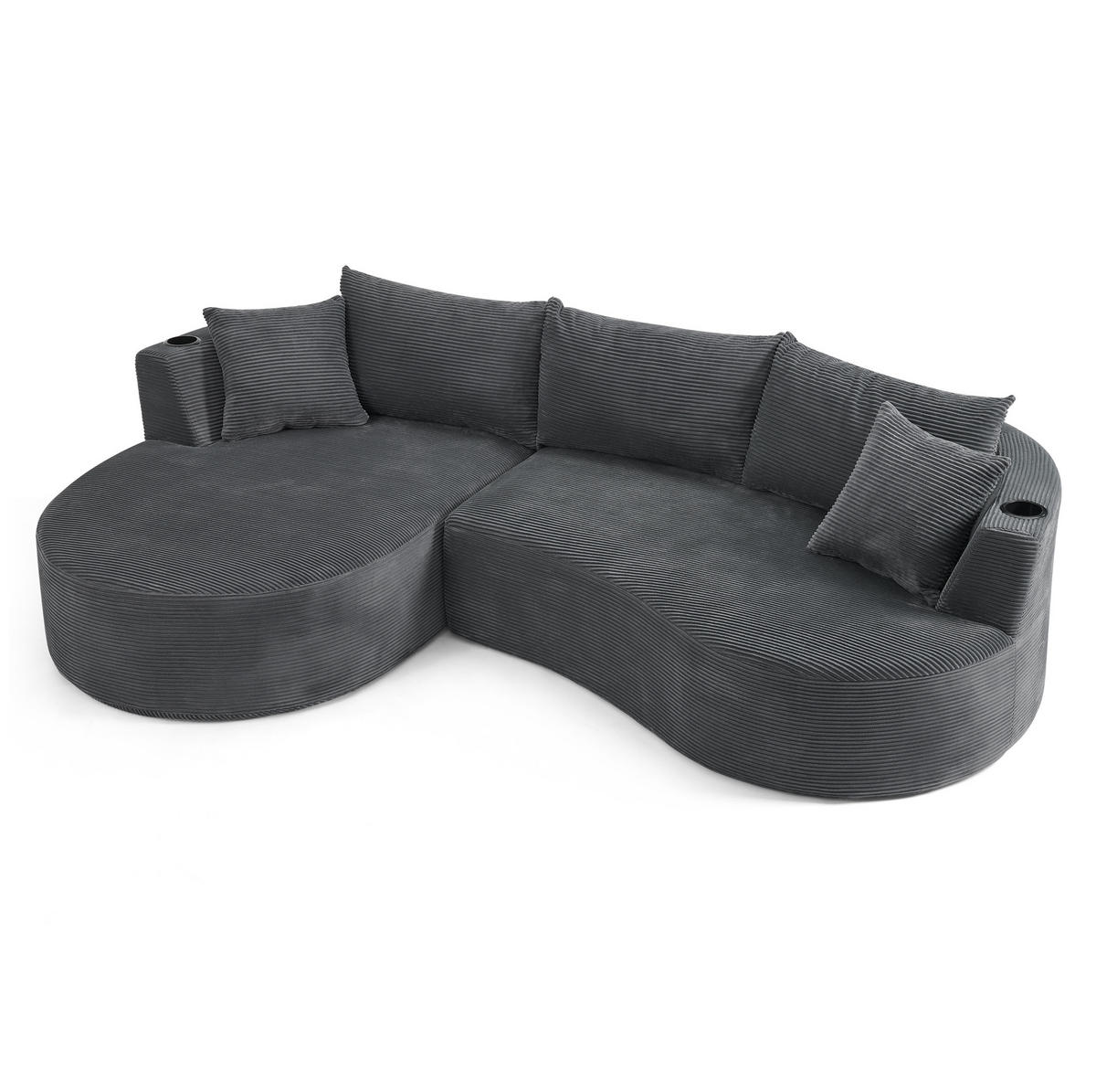 SOFA 3-Sitzer bogenförmig Kordstoff Grau mit Getränkehaltern - Grau, Textil (168/264cm) - Meubliv