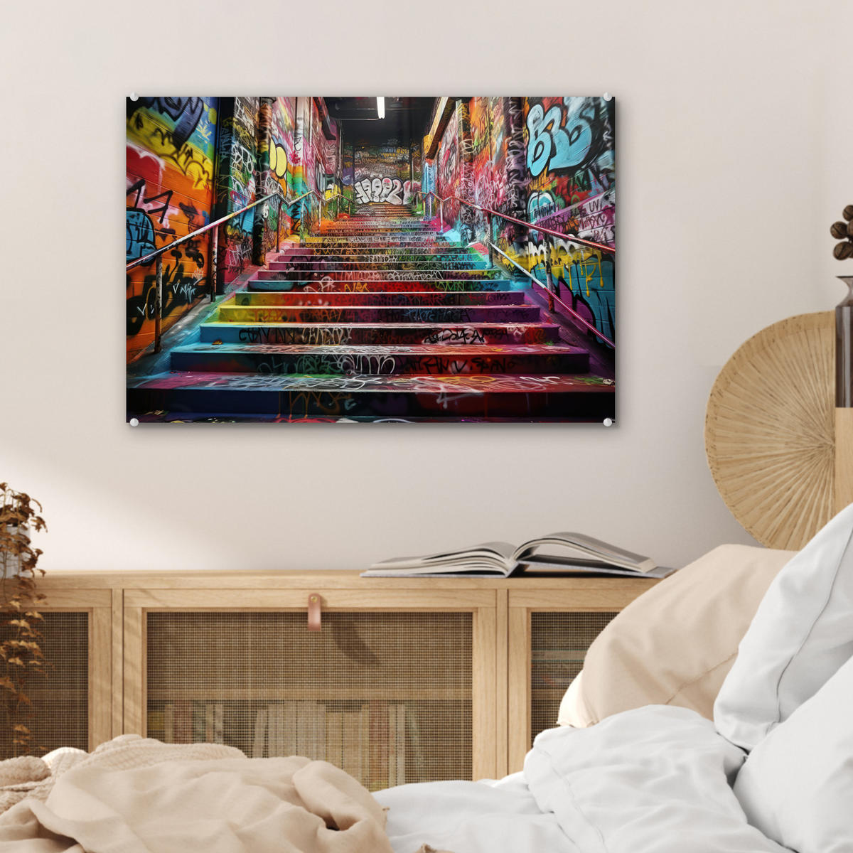 ACRYLGLASBILD Treppe - Graffiti - Farben - Kunst 60x40 cm - Multicolor, Glas (60/40cm) - MuchoWow