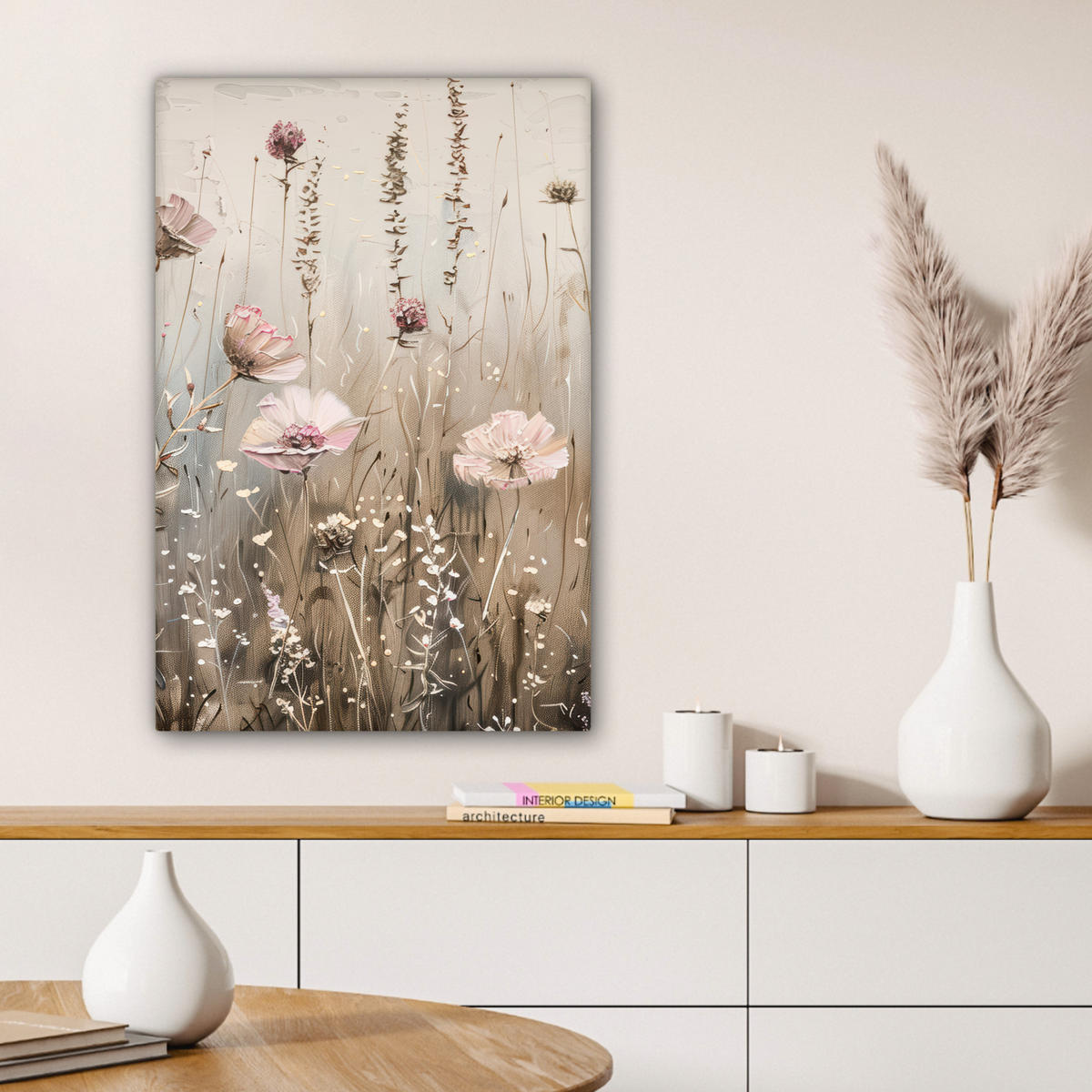 LEINWANDBILD Blumen - Rosa - Modern - Beige Wanddeko Schlafzimmer 60x90 cm - Beige, Textil (60/90cm) - MuchoWow